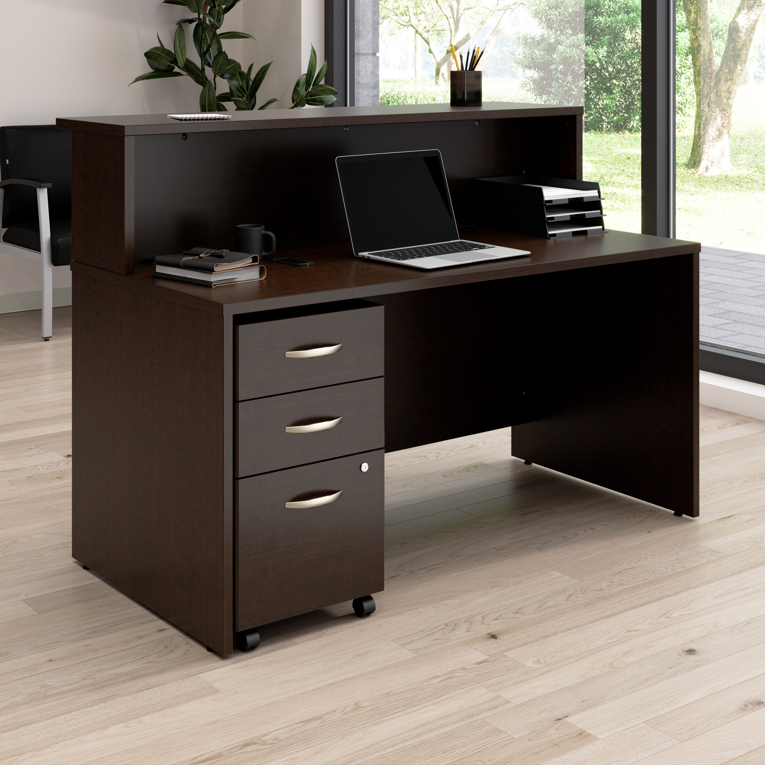 Bush Business Furniture Arrive 60W x 30D Reception Desk with Shelf and Mobile File Cabinet in Mocha Cherry - 59.45" Width x 29.37" Depth x 43.71" Height