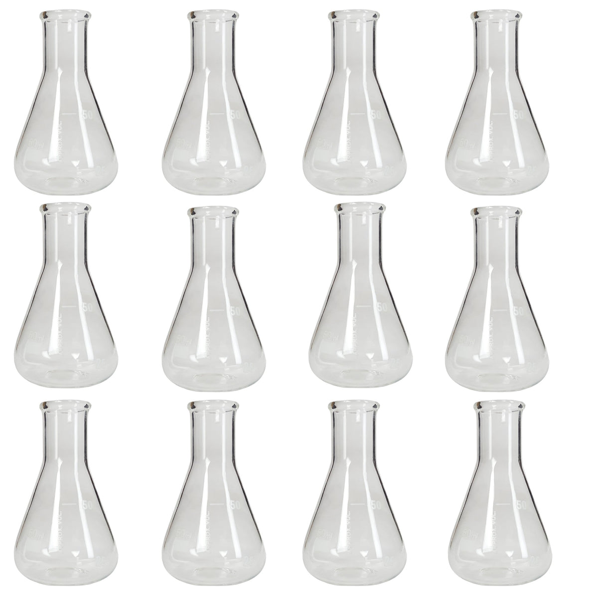 Flask, Erlenmeyer, Borosilicate Glass, Graduated, 50ml, Pack of 12