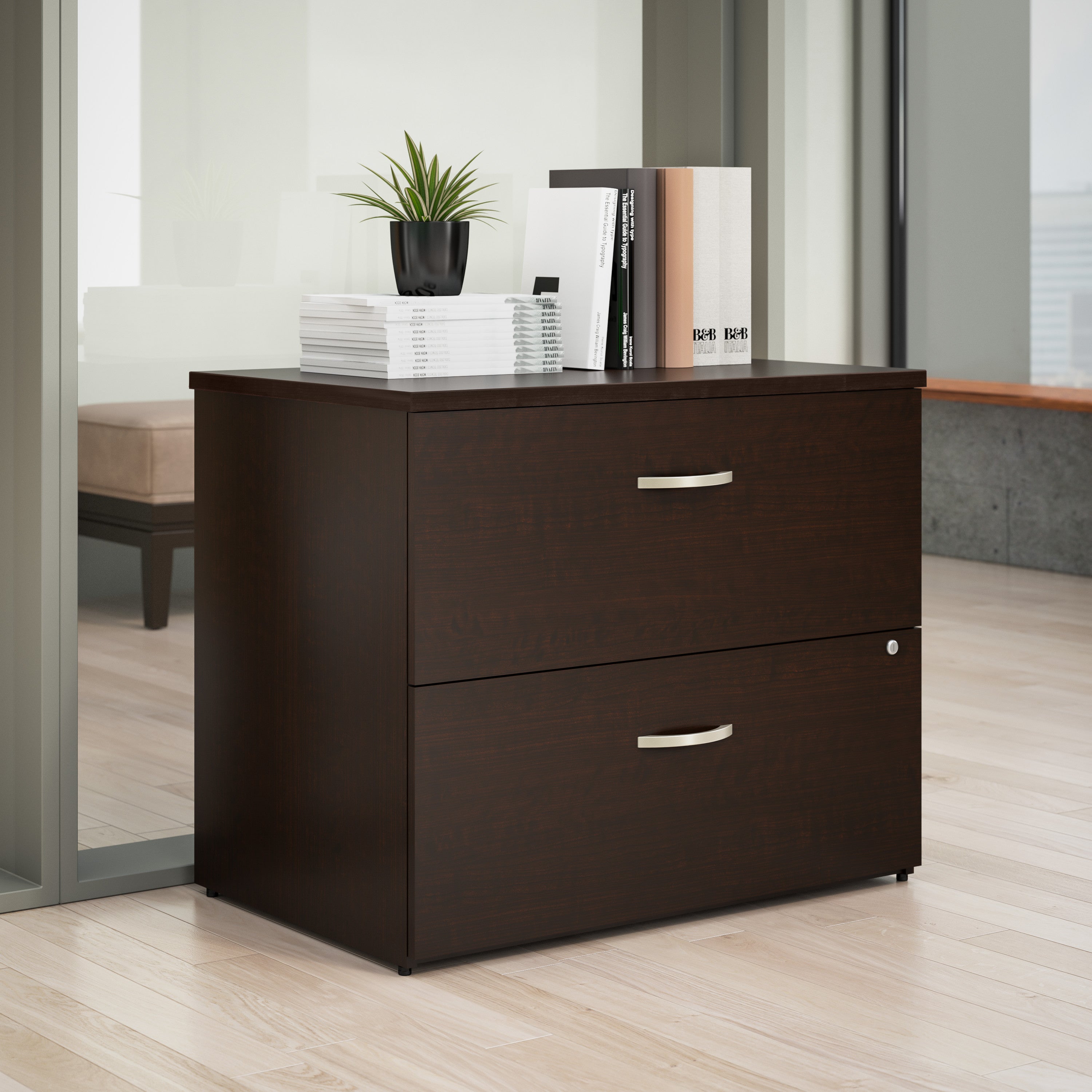 Bush Business Furniture Office in an Hour 2 Drawer Lateral File Cabinet in Mocha Cherry - 35.67" Width x 23.35" Depth x 29.84" Height