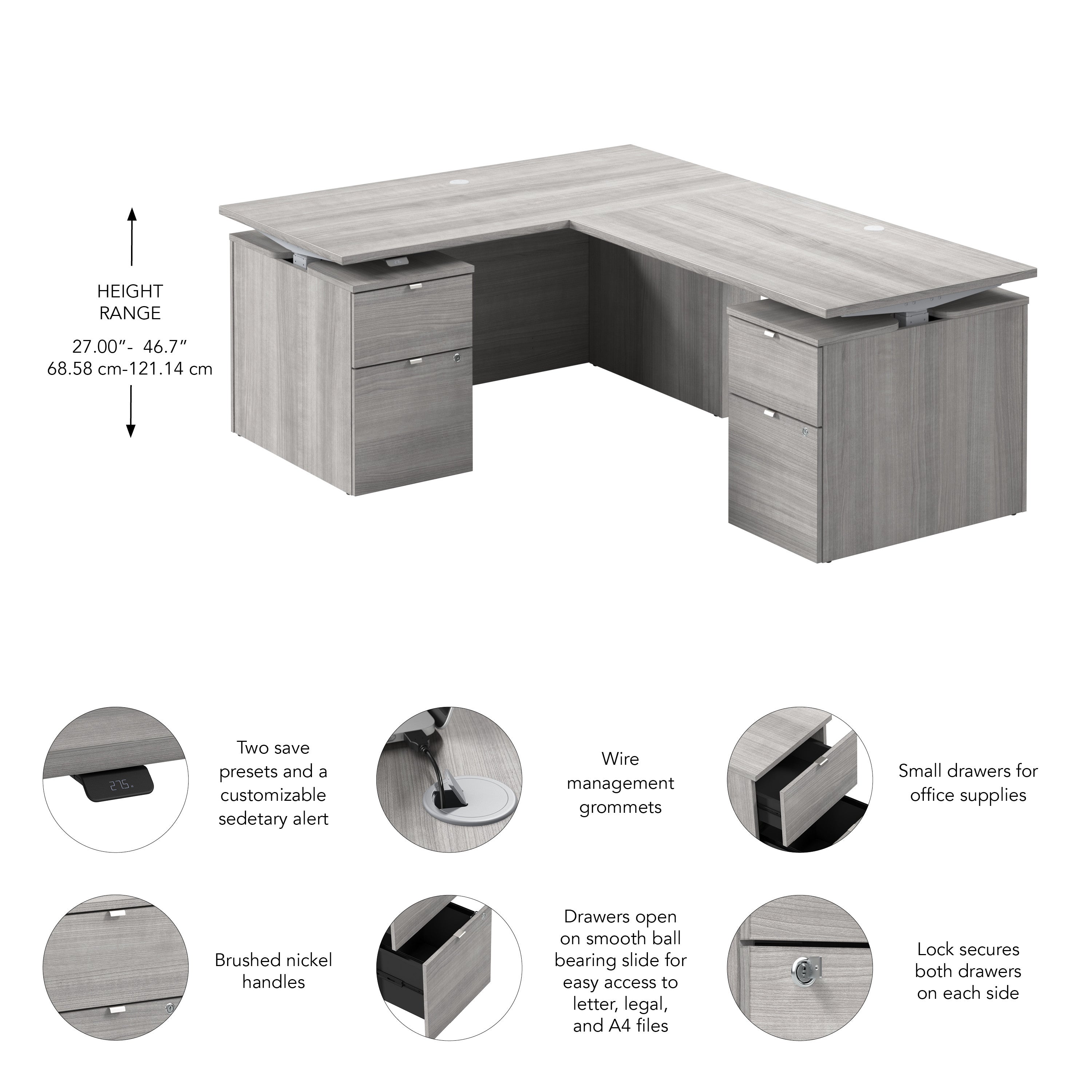 Bush Business Furniture Stratus&nbsp;60W x&nbsp;78D Height Adjustable L Shaped Standing Desk with Drawers in Platinum Gray with Metallic Gray Base - 59.45" Width x 76.97" Depth x 27.44" Height