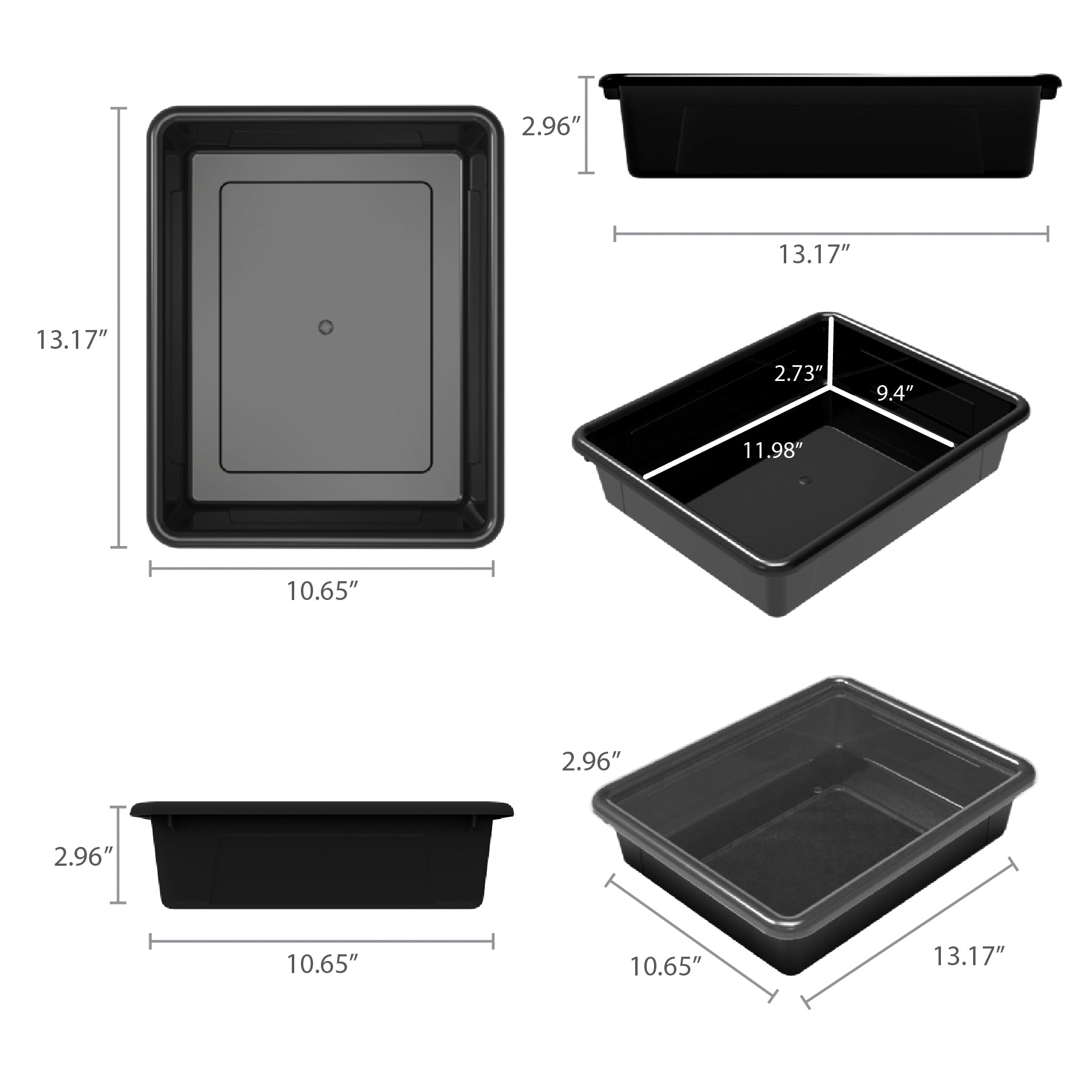 Flat Storage Tray with Lid, Black