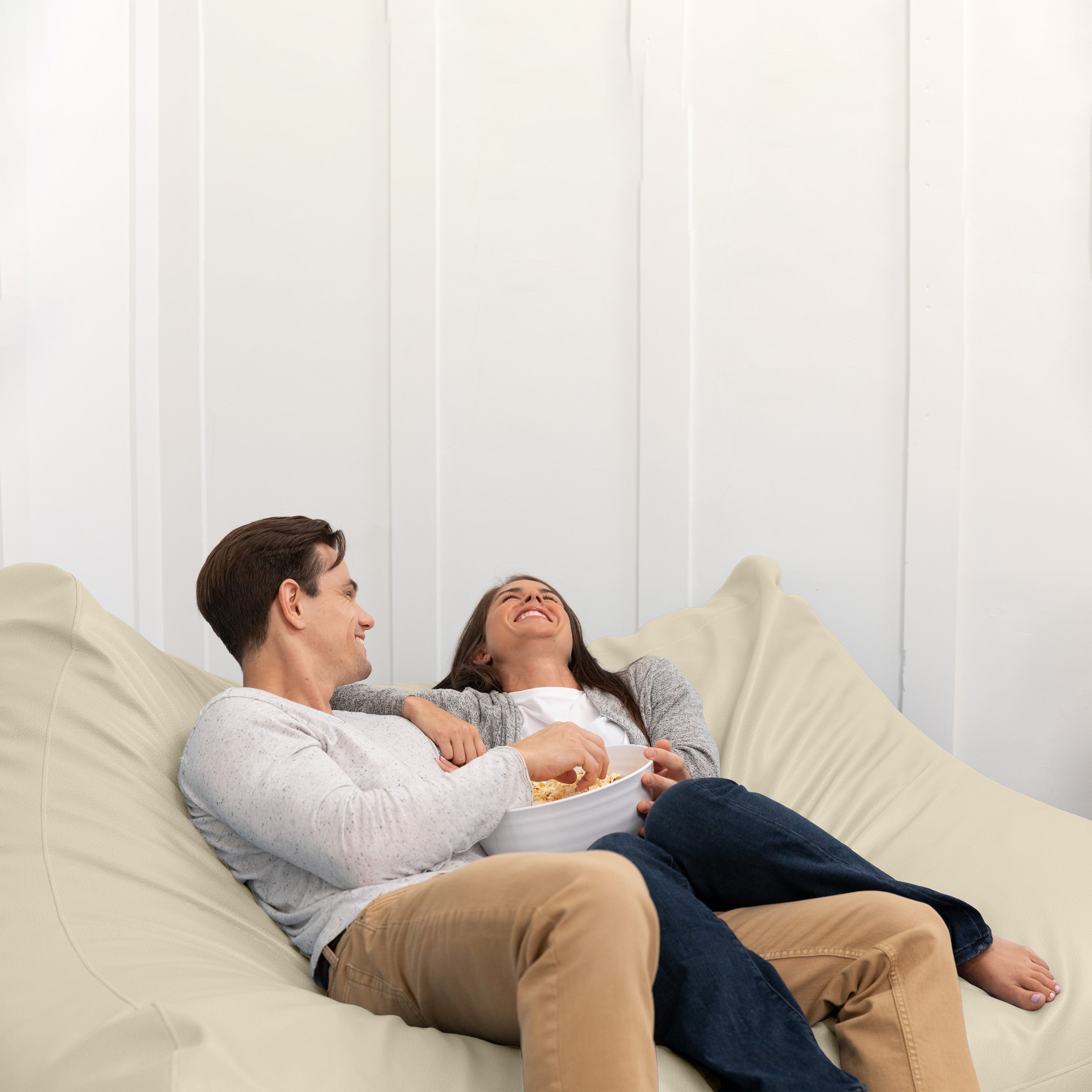 Atrium Collection Lozia Loveseat - Large Foam Bean Bag Sofa for Home Theaters, Offices, Schools, Reception & Waiting Rooms - Faux-Leather - Natural Beige