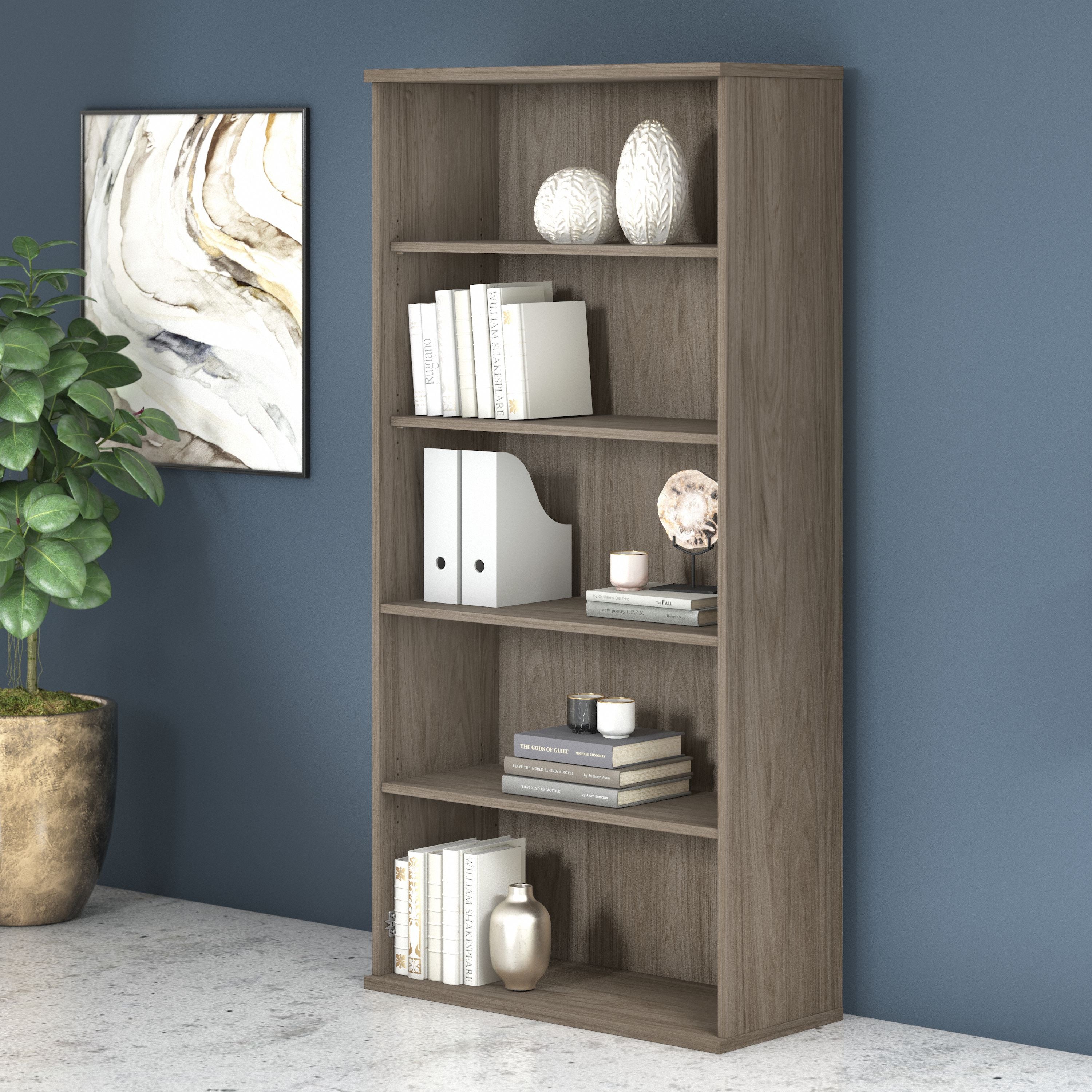 Bush Business Furniture Studio C Tall 5 Shelf Bookcase in Modern Hickory - 35.71" Width x 15.43" Depth x 72.8" Height