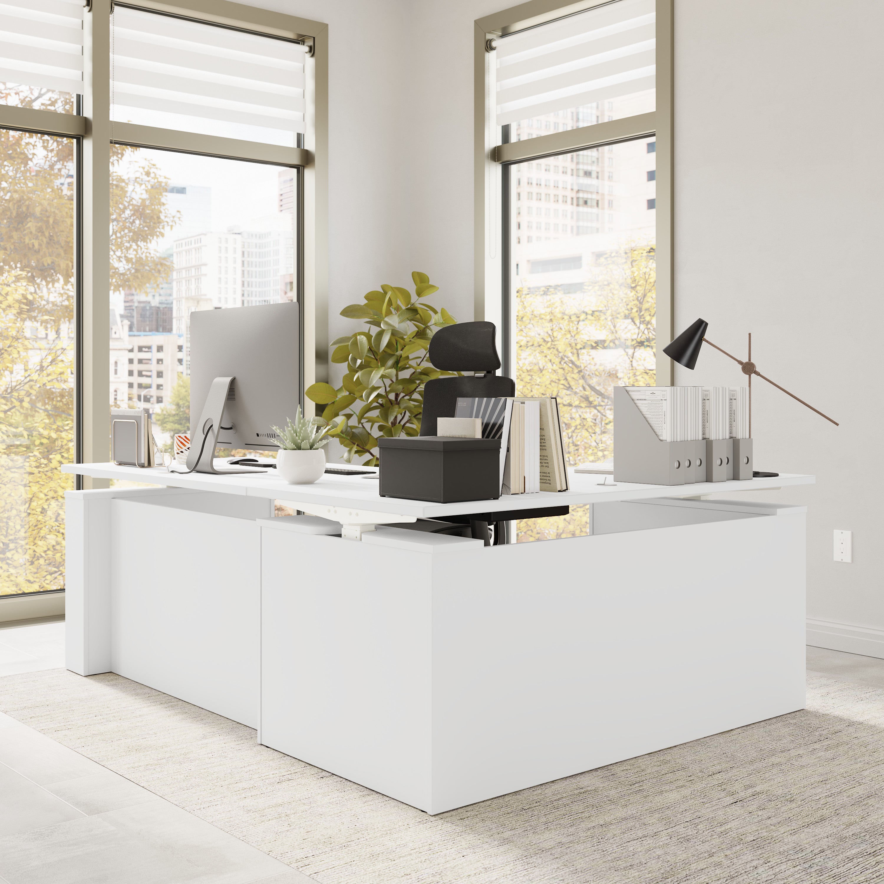 Bush Business Furniture Stratus&nbsp;60W x&nbsp;78D Electric Height Adjustable L Shaped Standing Desk White with White Base - 59.45" Width x 76.97" Depth x 27.44" Height