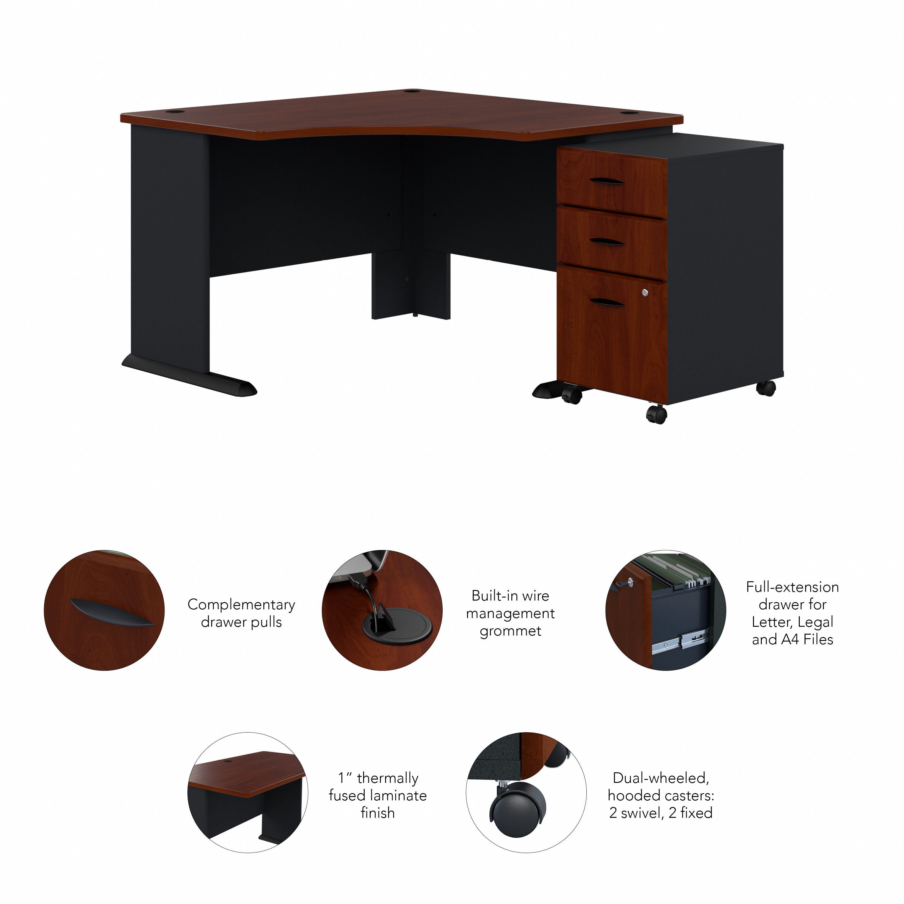 Bush Business Furniture Series A 48W Corner Desk with Mobile File Cabinet in Hansen Cherry and Galaxy - 51.52" Width x 47.17" Depth x 29.66" Height