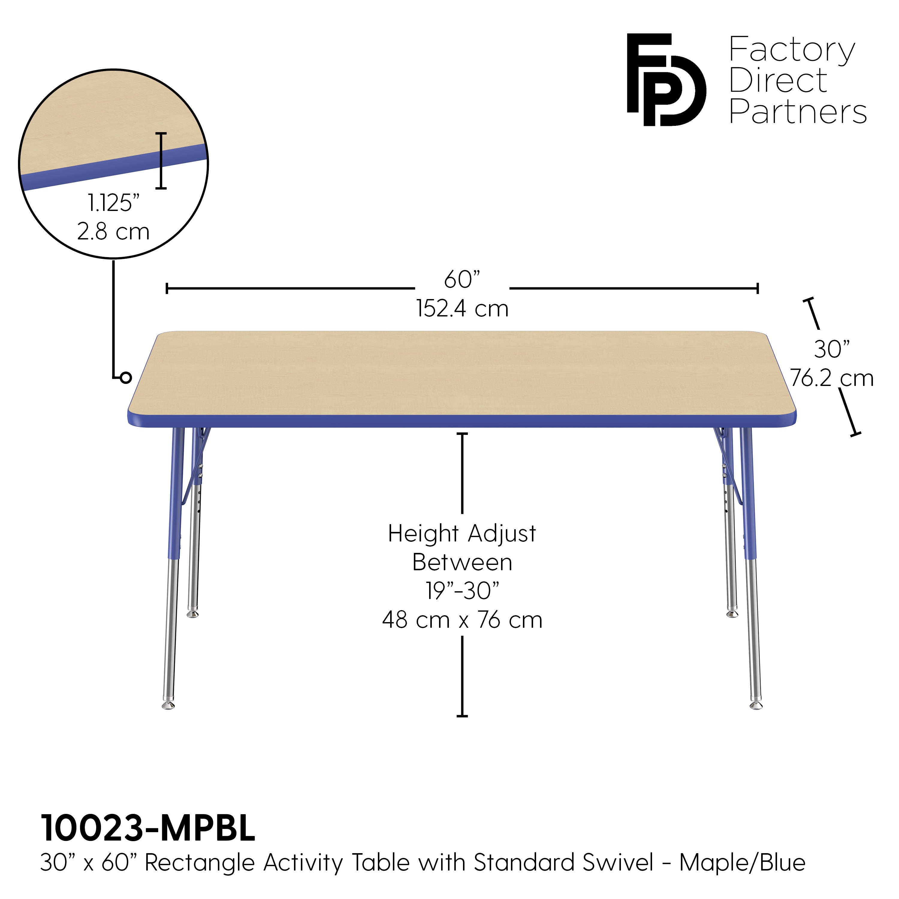 30" x 60" Rectangle T-Molding Activity Table with Adjustable Standard Swivel Glide Legs - Maple/Blue
