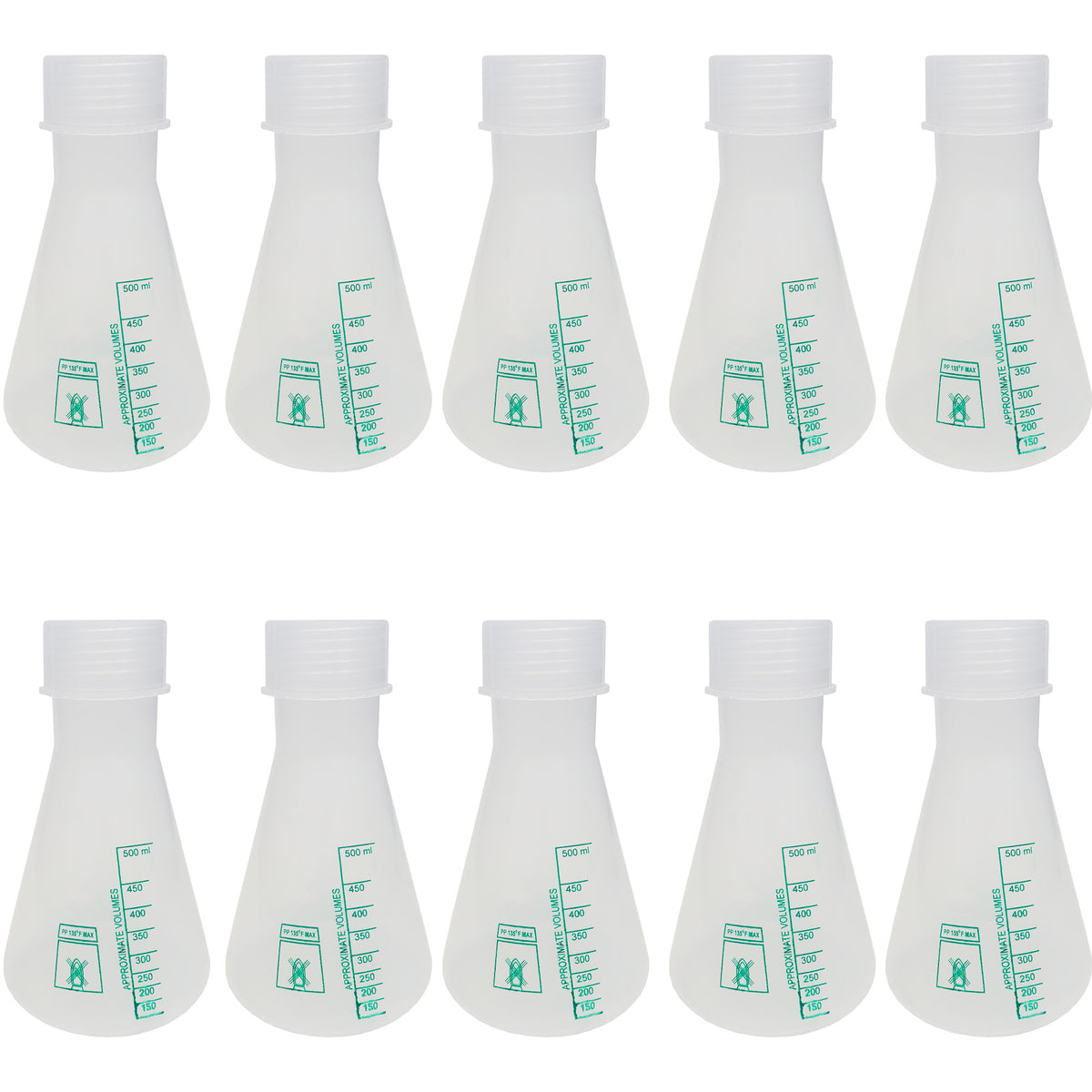 Flask, Erlenmeyer, Polypropylene, with Screw Cap, 500ml, Pack of 10