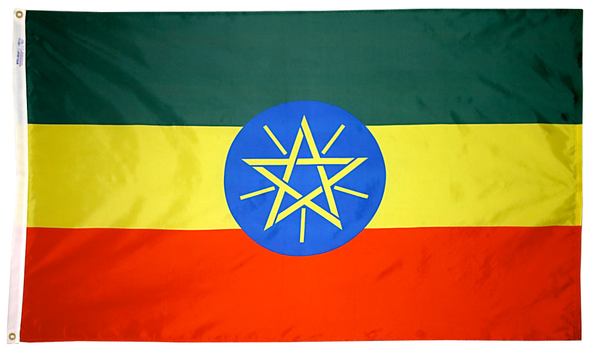 Ethiopia Flag 3x5 ft. Nylon SolarGuard Nyl-Glo 100% Made in USA to Official United Nations Design Specifications.