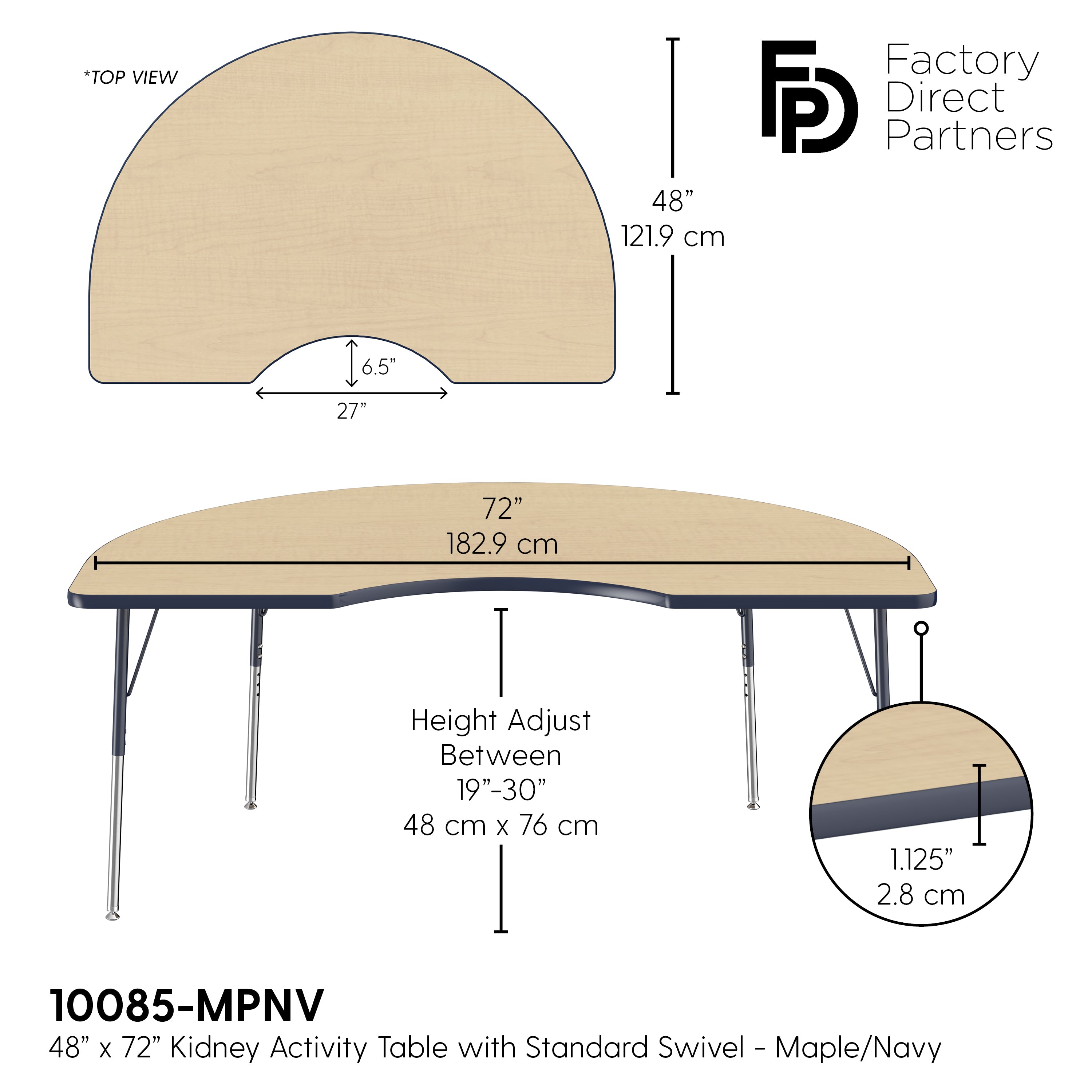 48" x 72" Kidney T-Molding Activity Table with Adjustable Standard Swivel Glide Legs - Maple/Navy