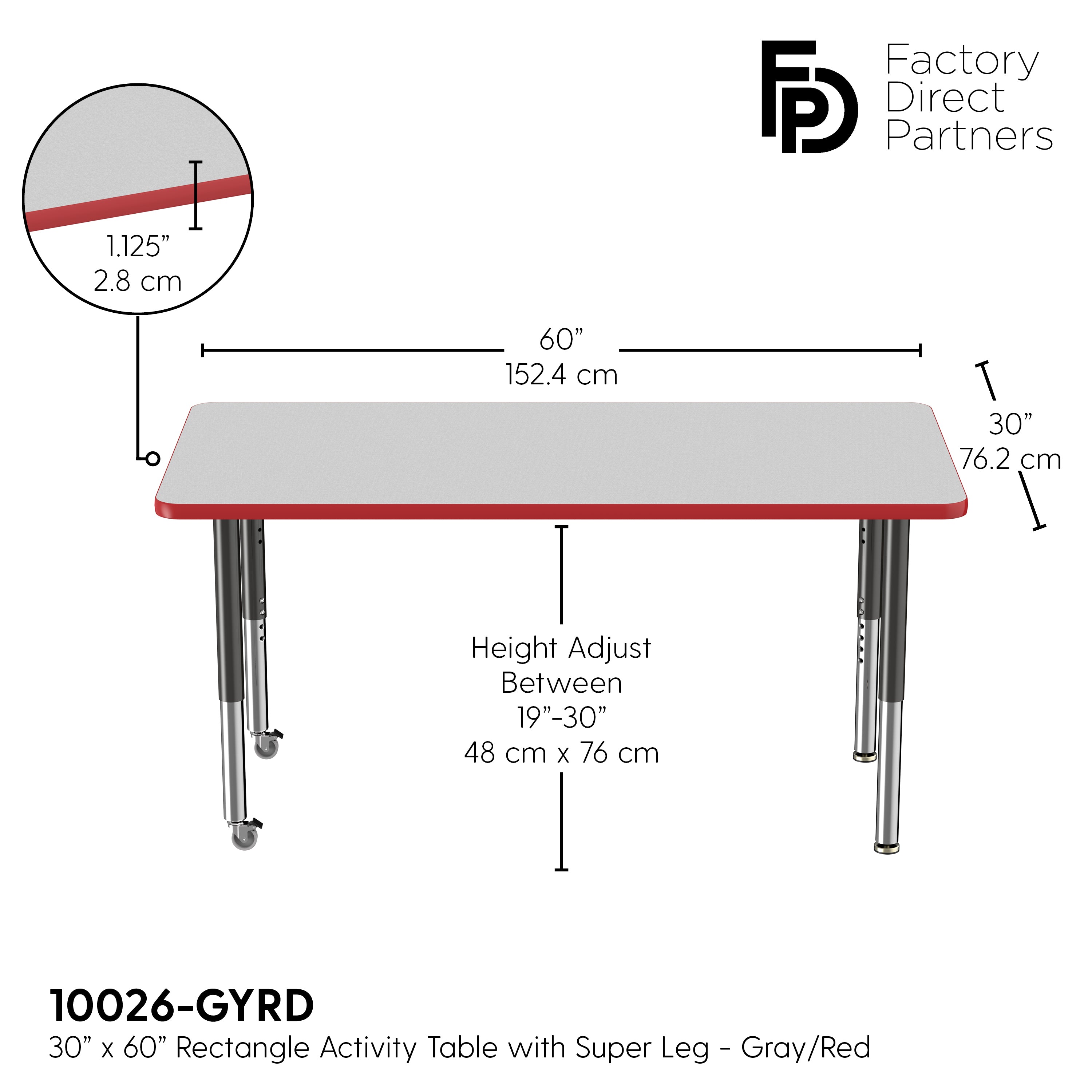 30" x 60" Rectangle T-Molding Activity Table with Adjustable Super Legs - Gray/Red/Black