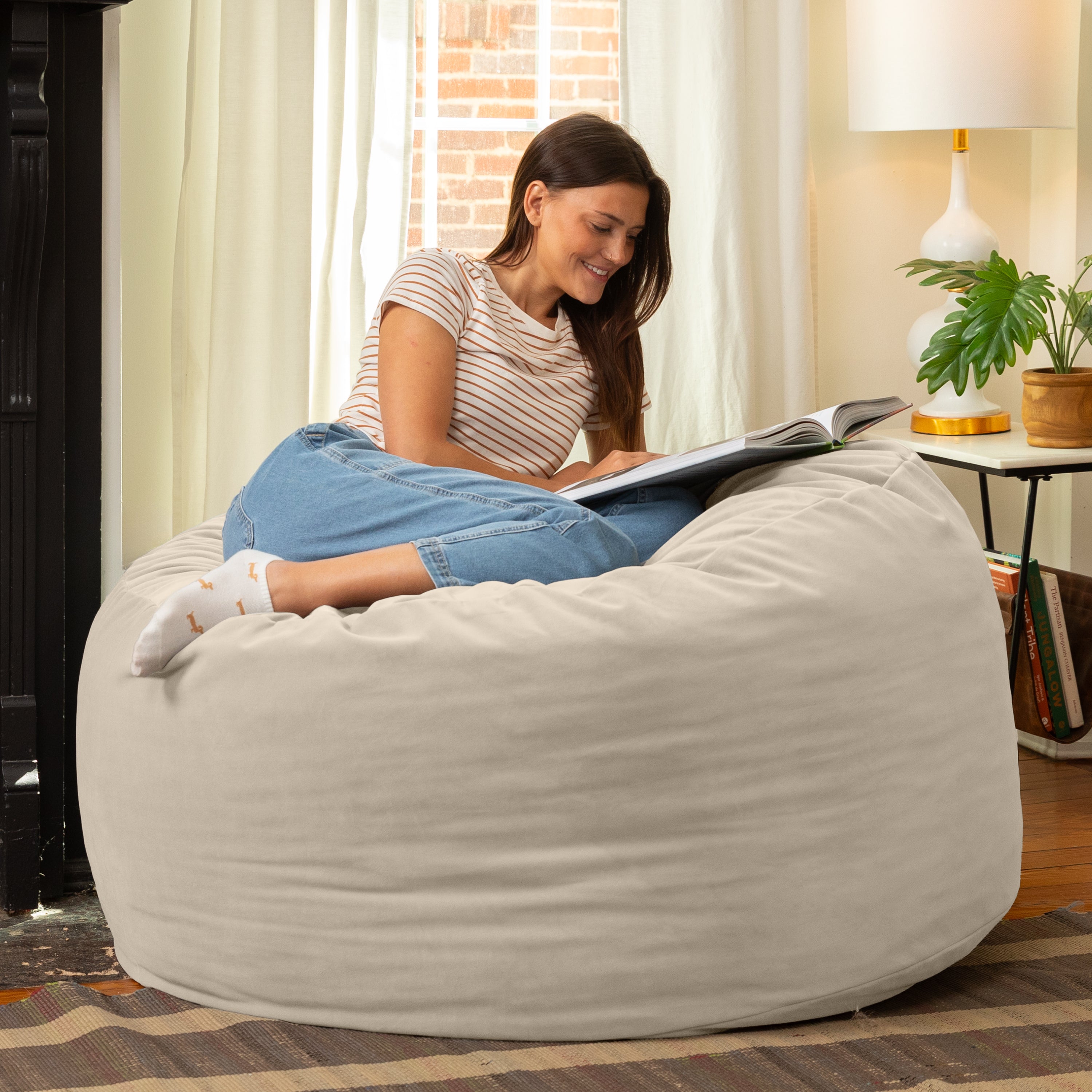Jaxx 4 Foot Saxx - Large Round Bean Bag Chair for Adults - Lush Velvet Ivory