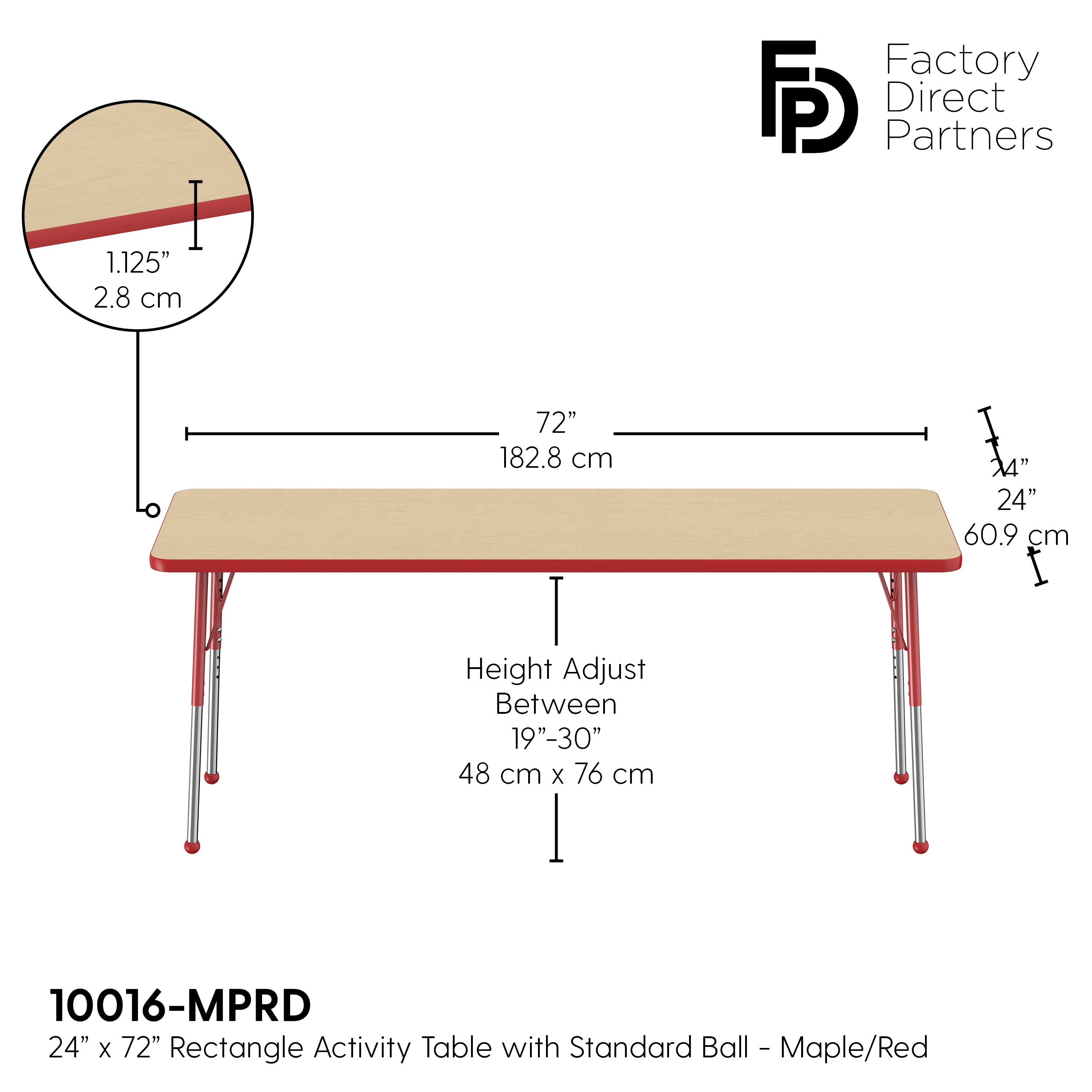 24" x 72" Rectangle T-Molding Activity Table with Adjustable Standard Ball Glide Legs - Maple/Red