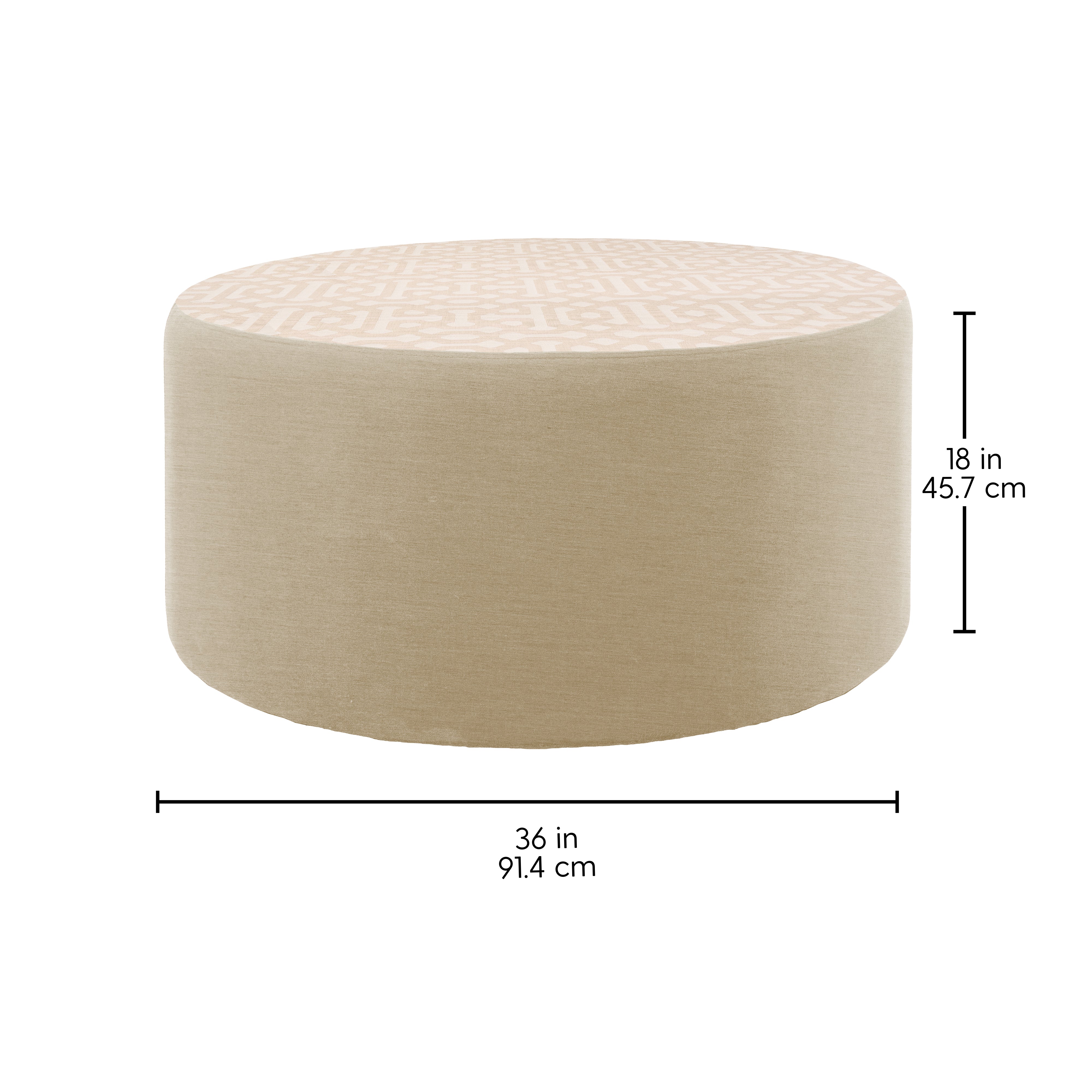 Outdoor 36" Round Ottoman with Sunbrella, 18" H - Fretwork Flax/Spectrum Sand