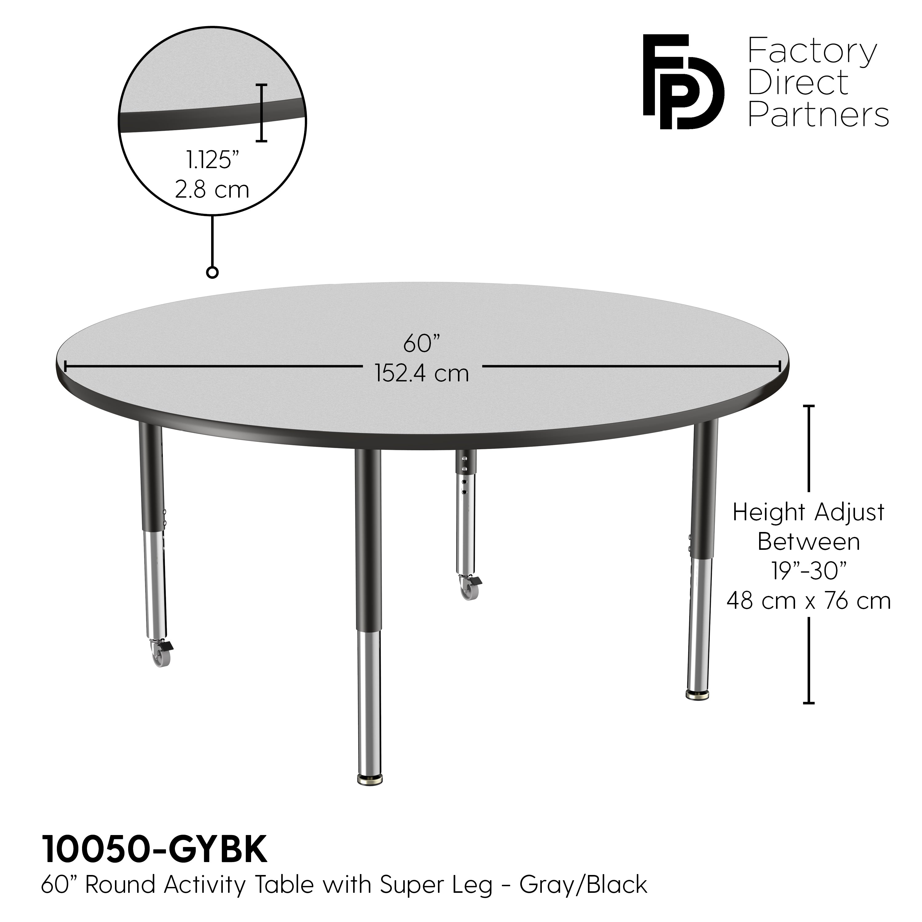 60" Round T-Molding Activity Table with Adjustable Super Legs - Gray/Black