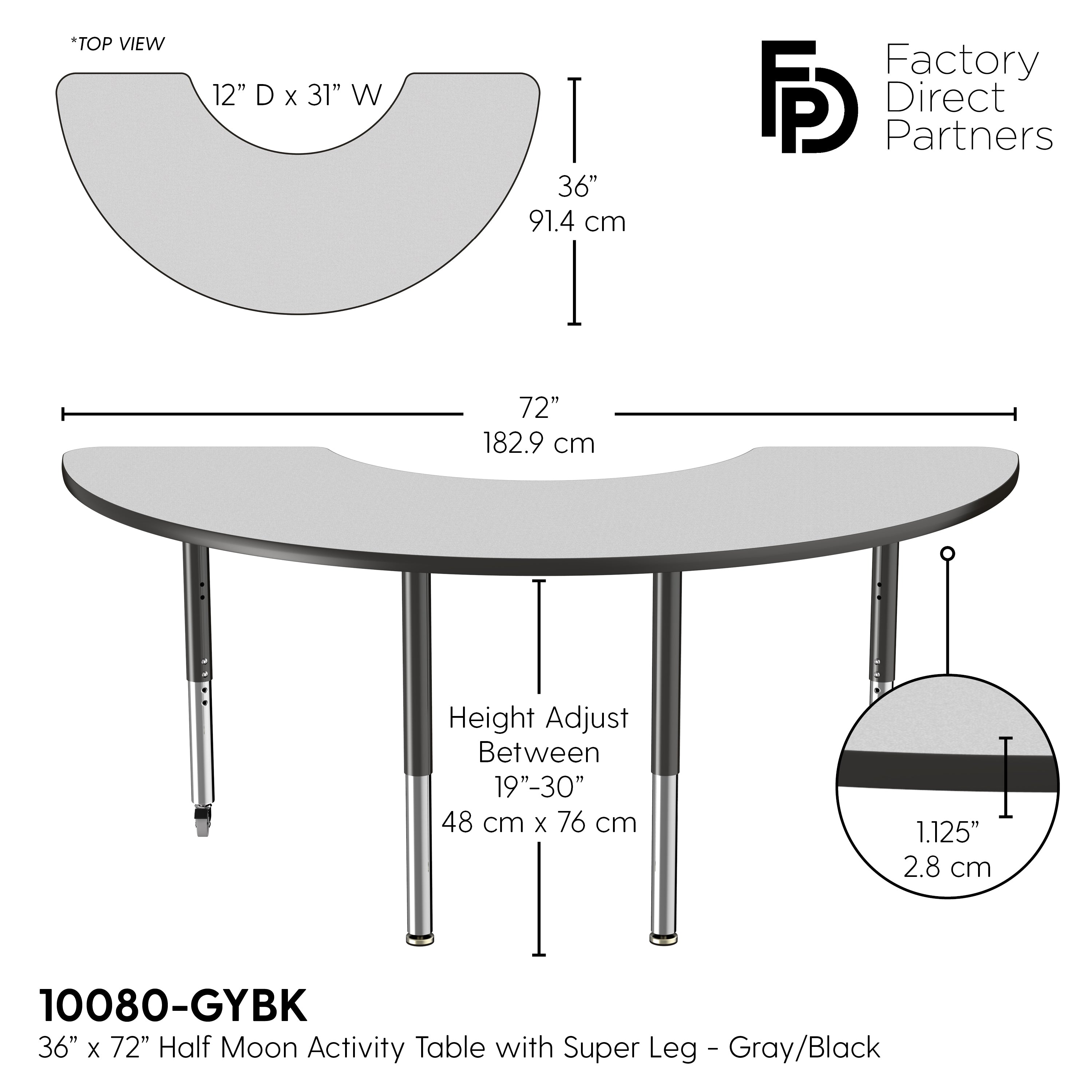 36" x 72" Half Moon T-Molding Activity Table with Adjustable Super Legs - Gray/Black