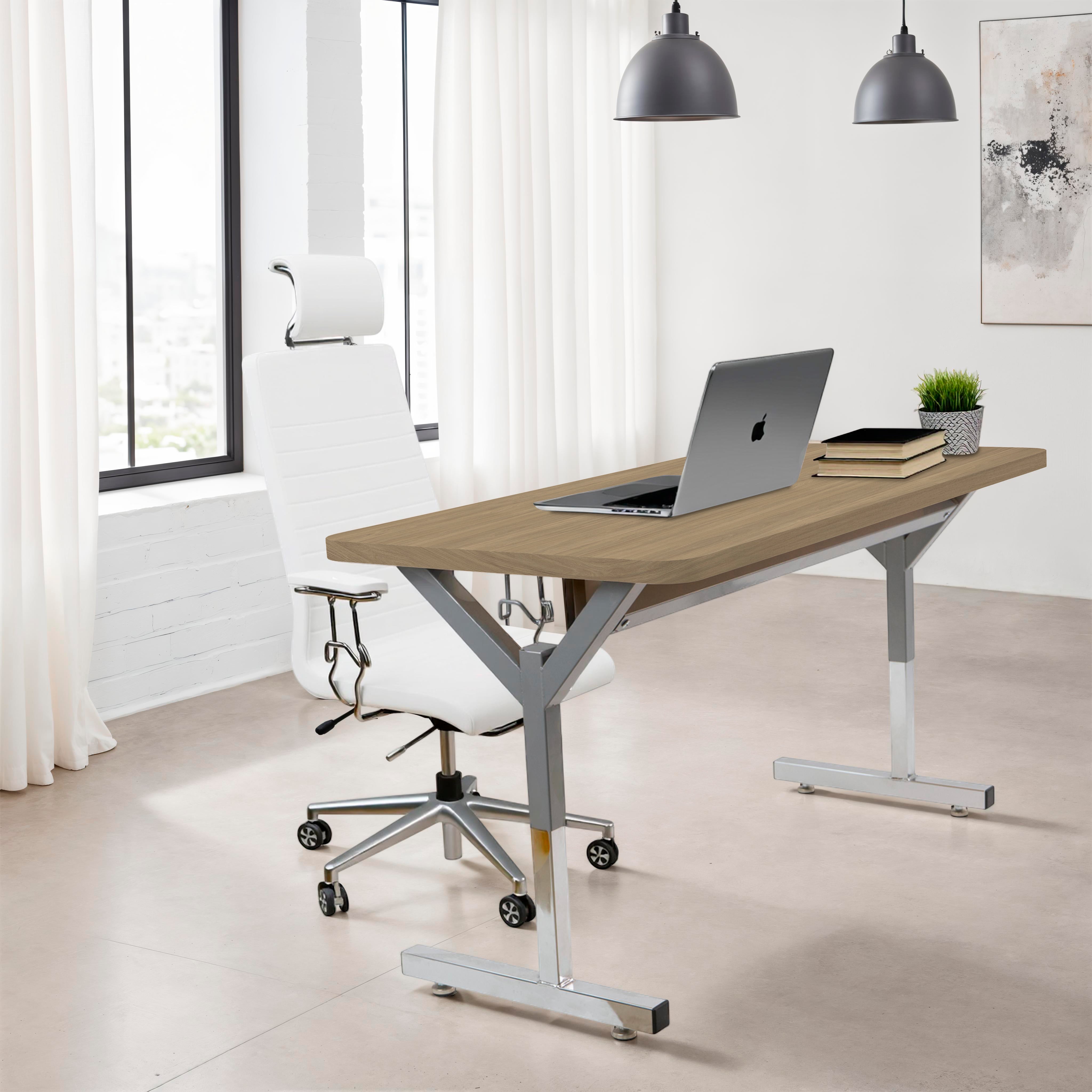 20" x 48" Rectangle Thermofused Table Desk with Adjustable Y-Frame - Pasadena Oak/Silver