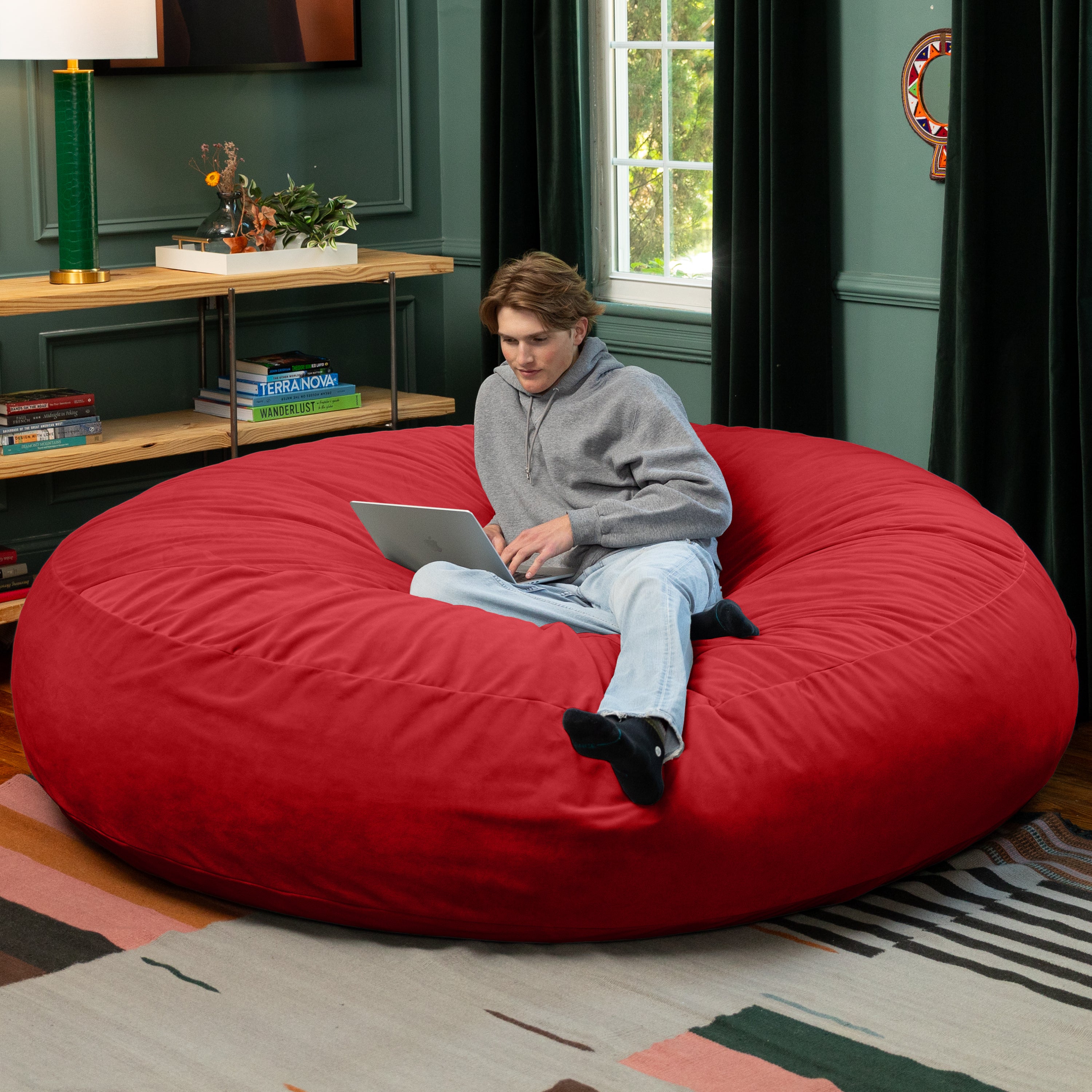 Jaxx 6 Foot Cocoon - 2-in-1 Convertible Bean Bag Bed & Large Bean Bag Chair for Adults, Premium Lush Velvet - Merlot