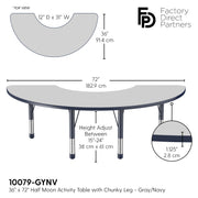 36" x 72" Half Moon T-Molding Activity Table with Adjustable Chunky Legs - Gray/Navy