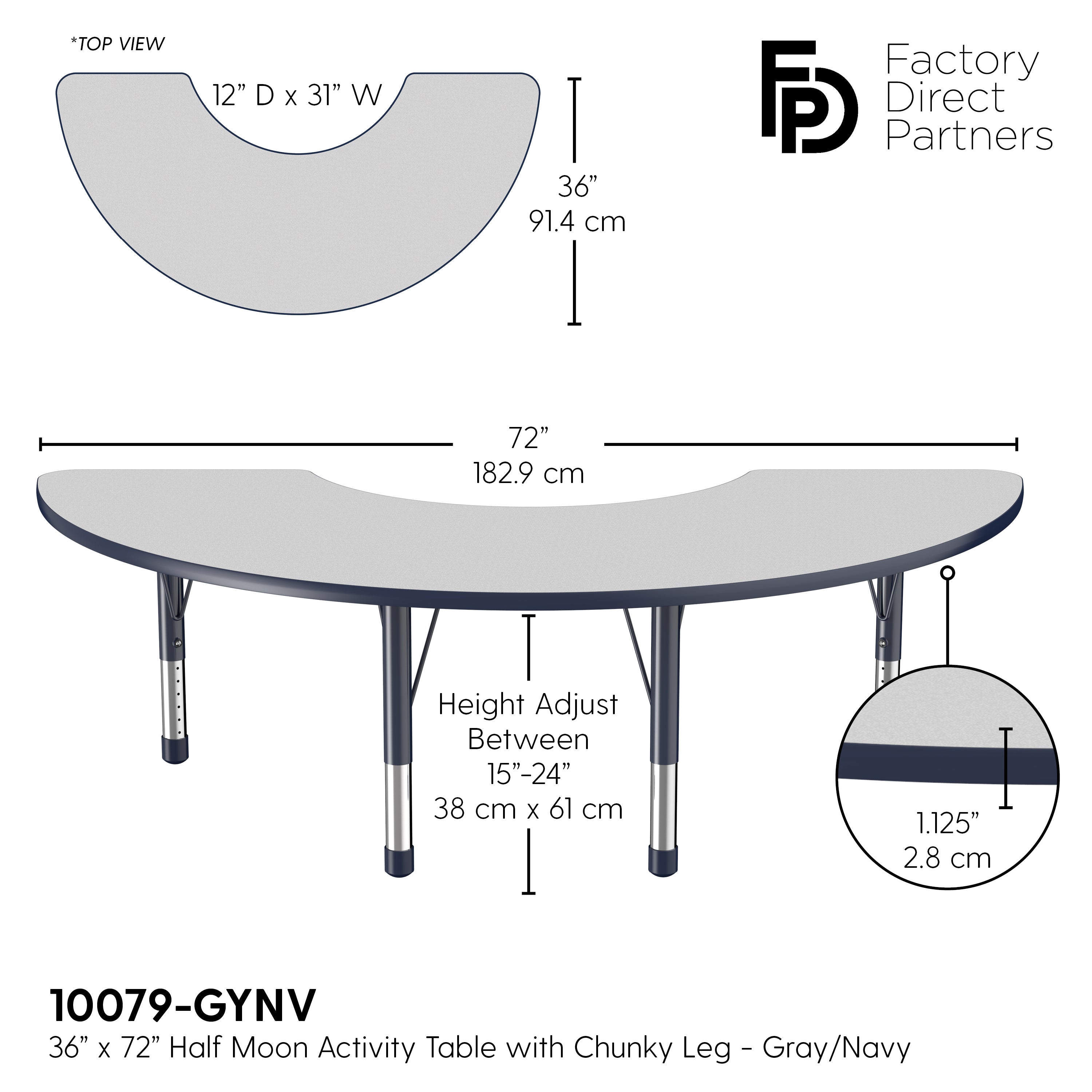 36" x 72" Half Moon T-Molding Activity Table with Adjustable Chunky Legs - Gray/Navy