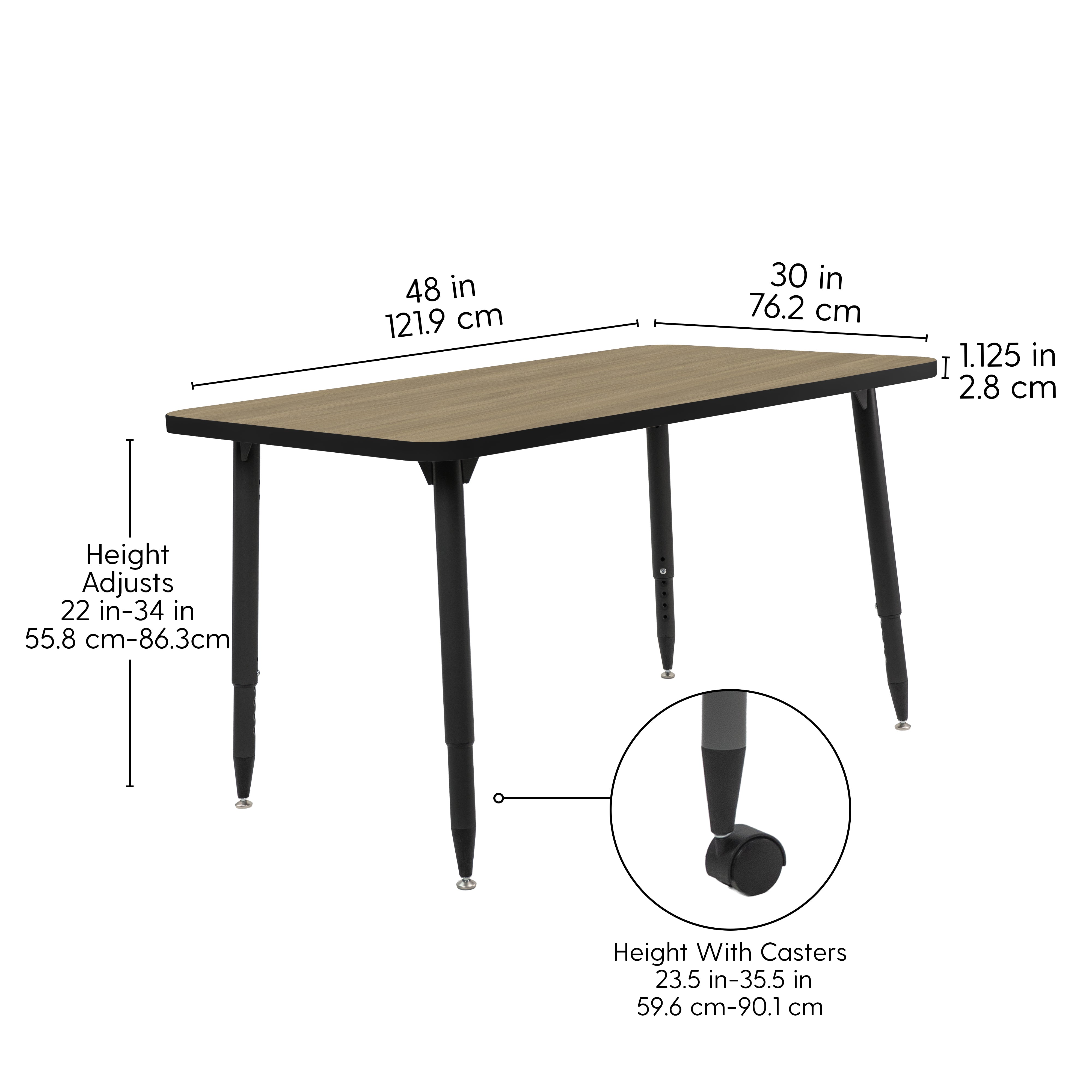 Adapte 30" x 48" Rectangle Thermofused Activity Table with Adjustable Tapered Legs - Pasadena Oak/Black