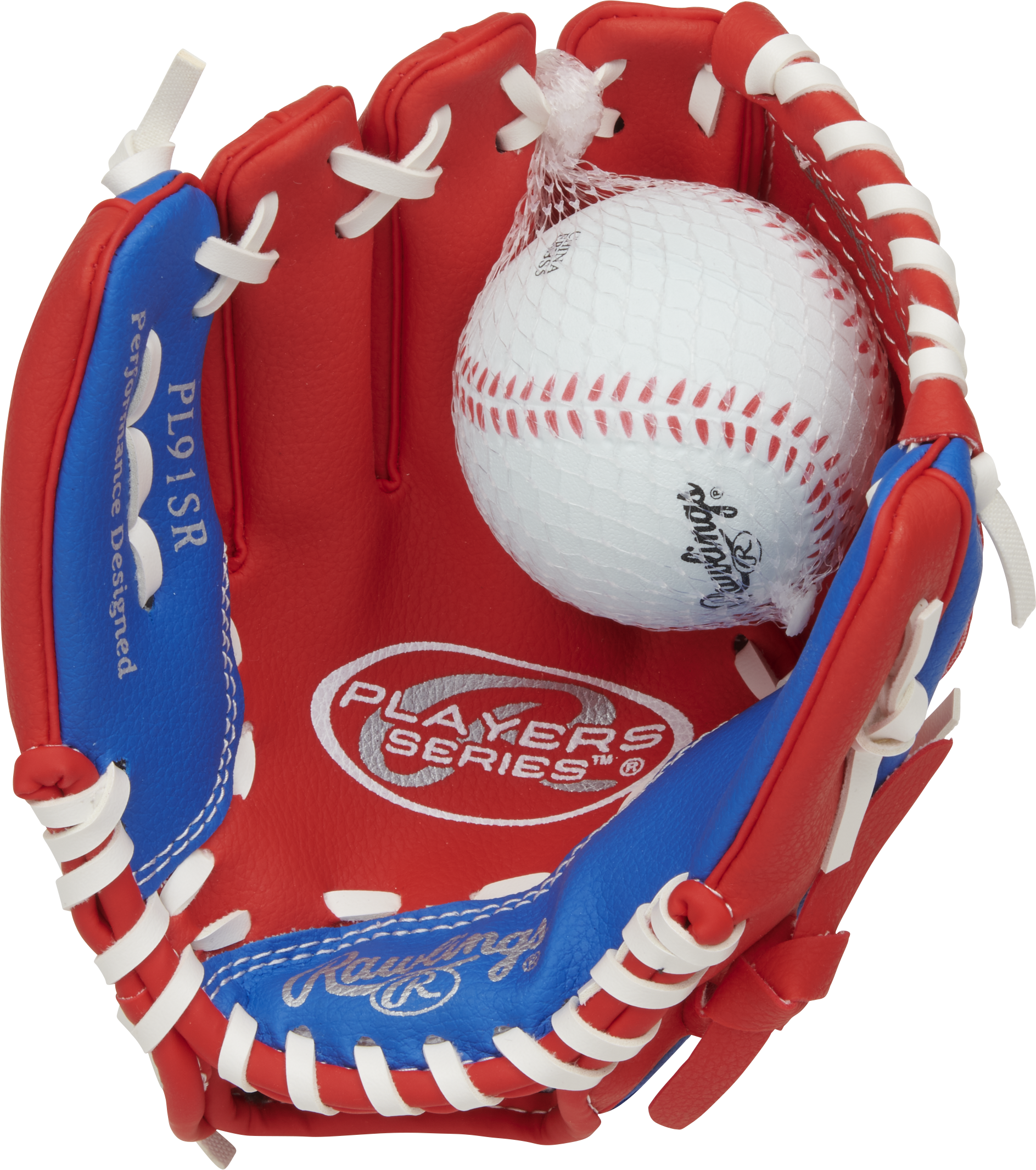Rawlings Players Series Youth 9-Inch Baseball Glove W/Ball - Left Hand Thrower - Scarlet/Royal