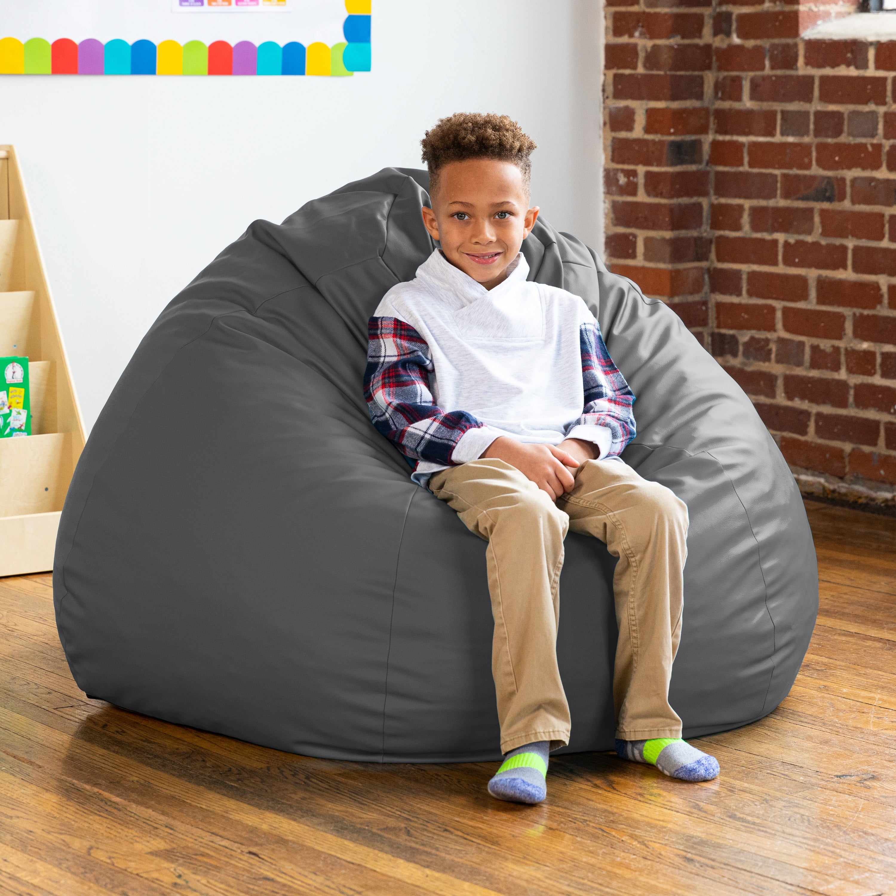 Jaxx Gumdrop Commercial Grade Bean Bag for Educational Environments, Large Size - Premium Vinyl - Charcoal