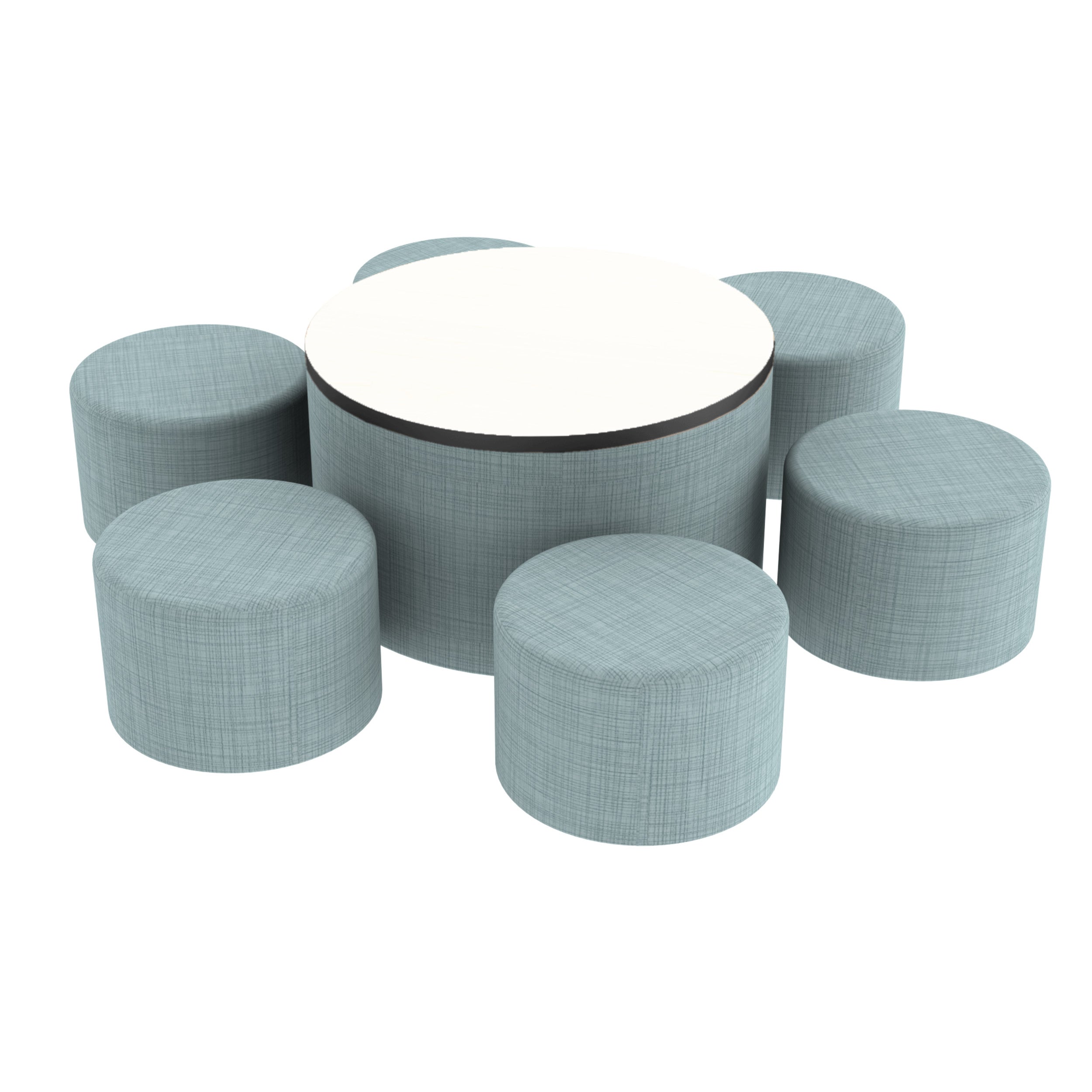 Pro Series Dry-Erase 30" Round Ottoman Table with Round 12" H Seating, 7-Piece Set - Sky Blue Crosshatch/Whiteboard