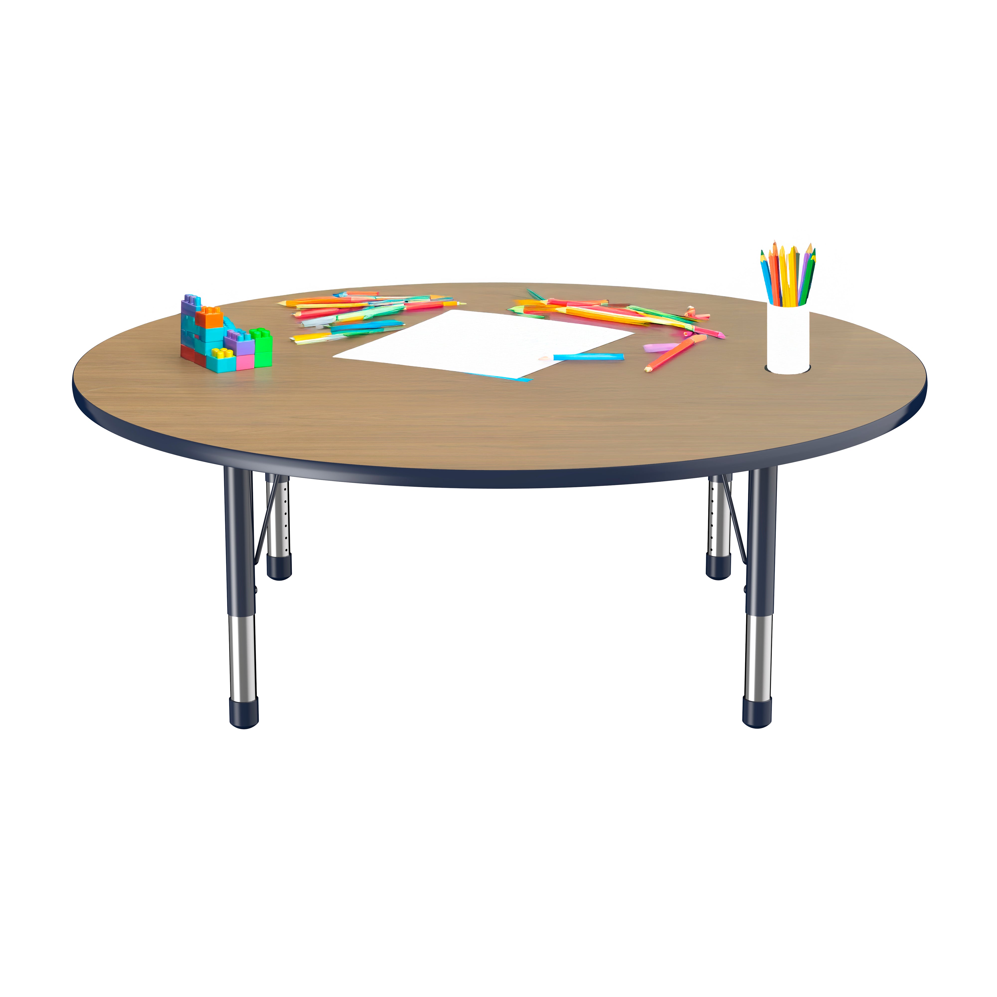 60" Round T-Molding Activity Table with Adjustable Chunky Legs - Pasadena Oak/Navy