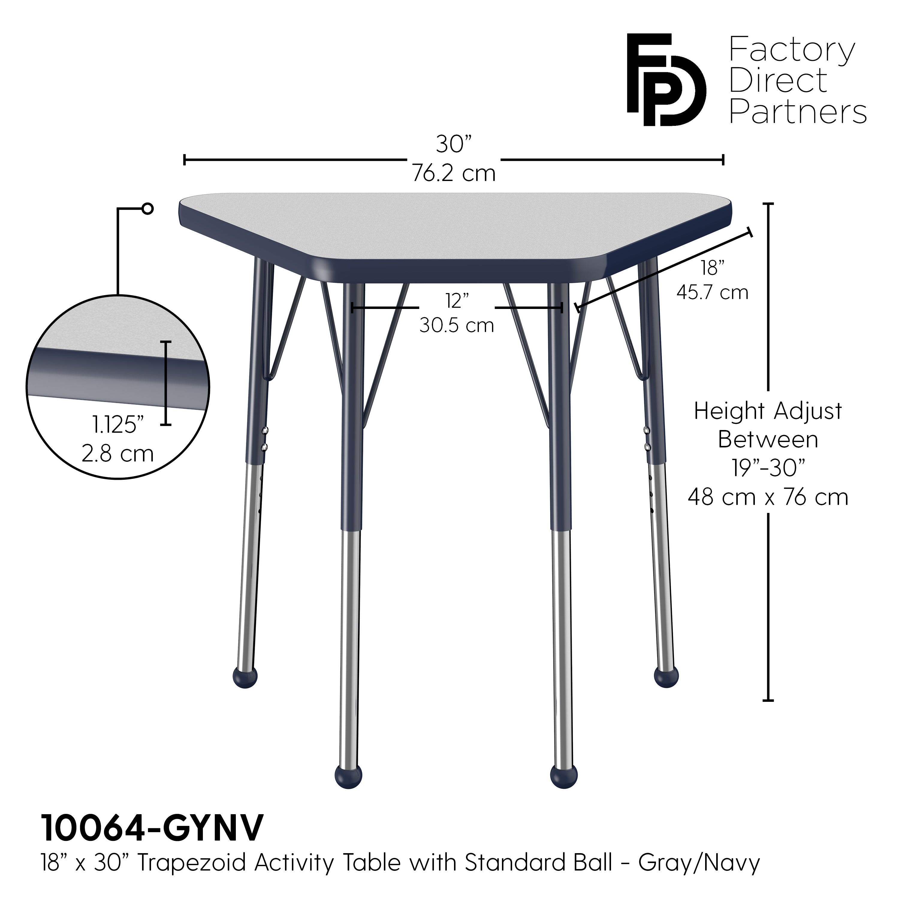 18" x 30" Trapezoid T-Molding Activity Table with Adjustable Standard Ball Glide Legs - Gray/Navy