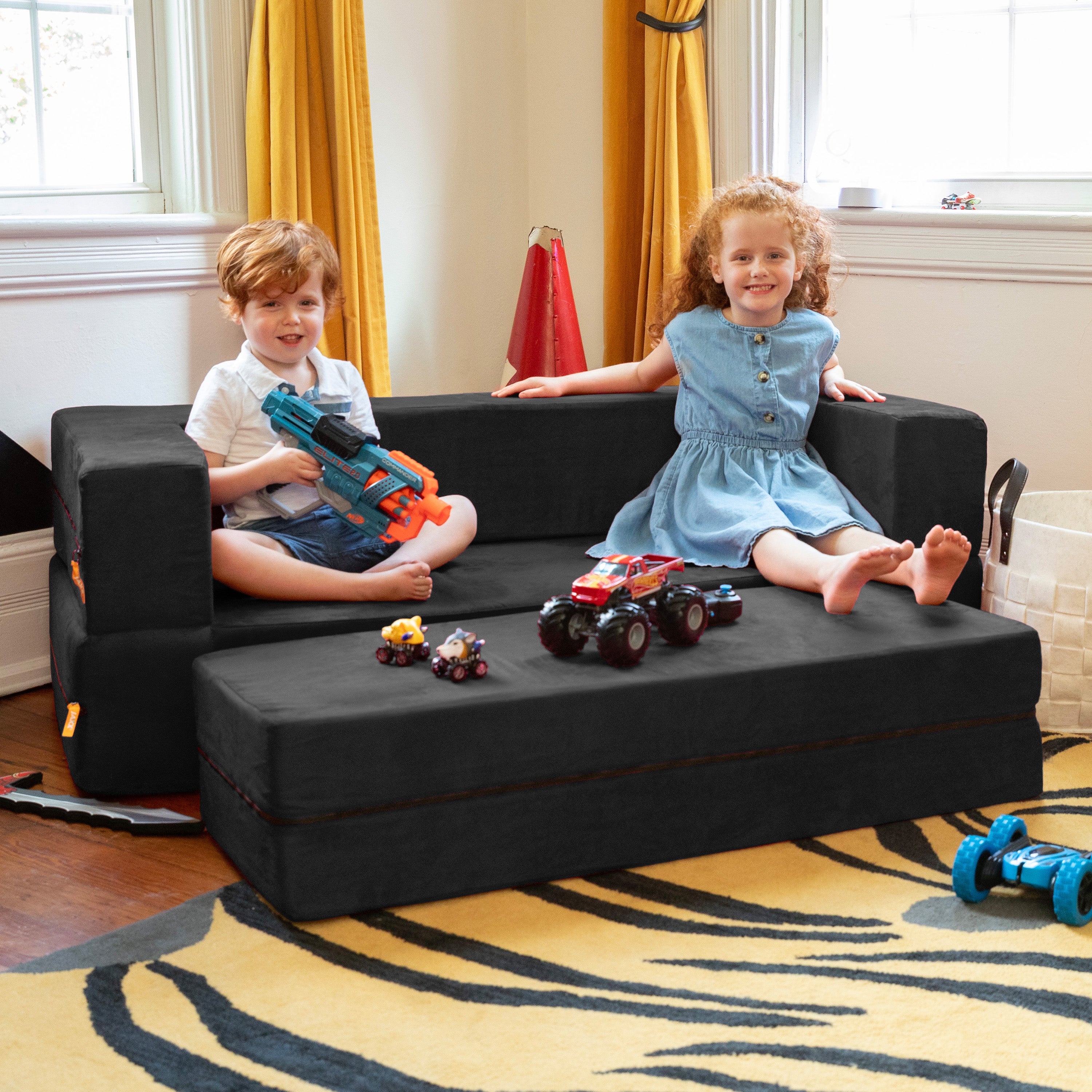 Jaxx Zipline Kids Sofa & Large Ottoman, 3 in 1 Fold Out Sofa, Big Kids Edition, Black