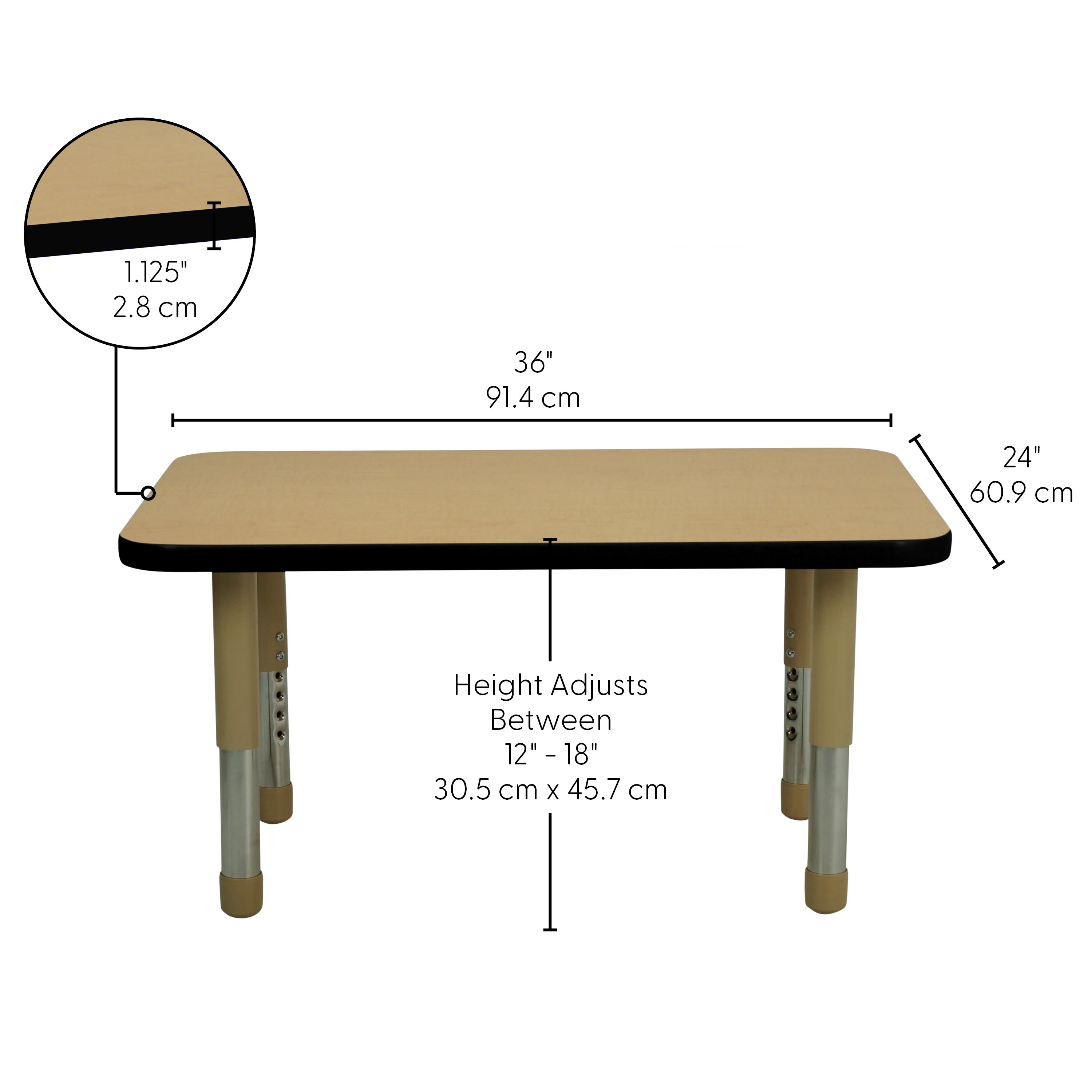 24" x 36" Rectangle T-Molding Activity Table with Adjustable Tiny Tot Legs - Maple/Black/Sand