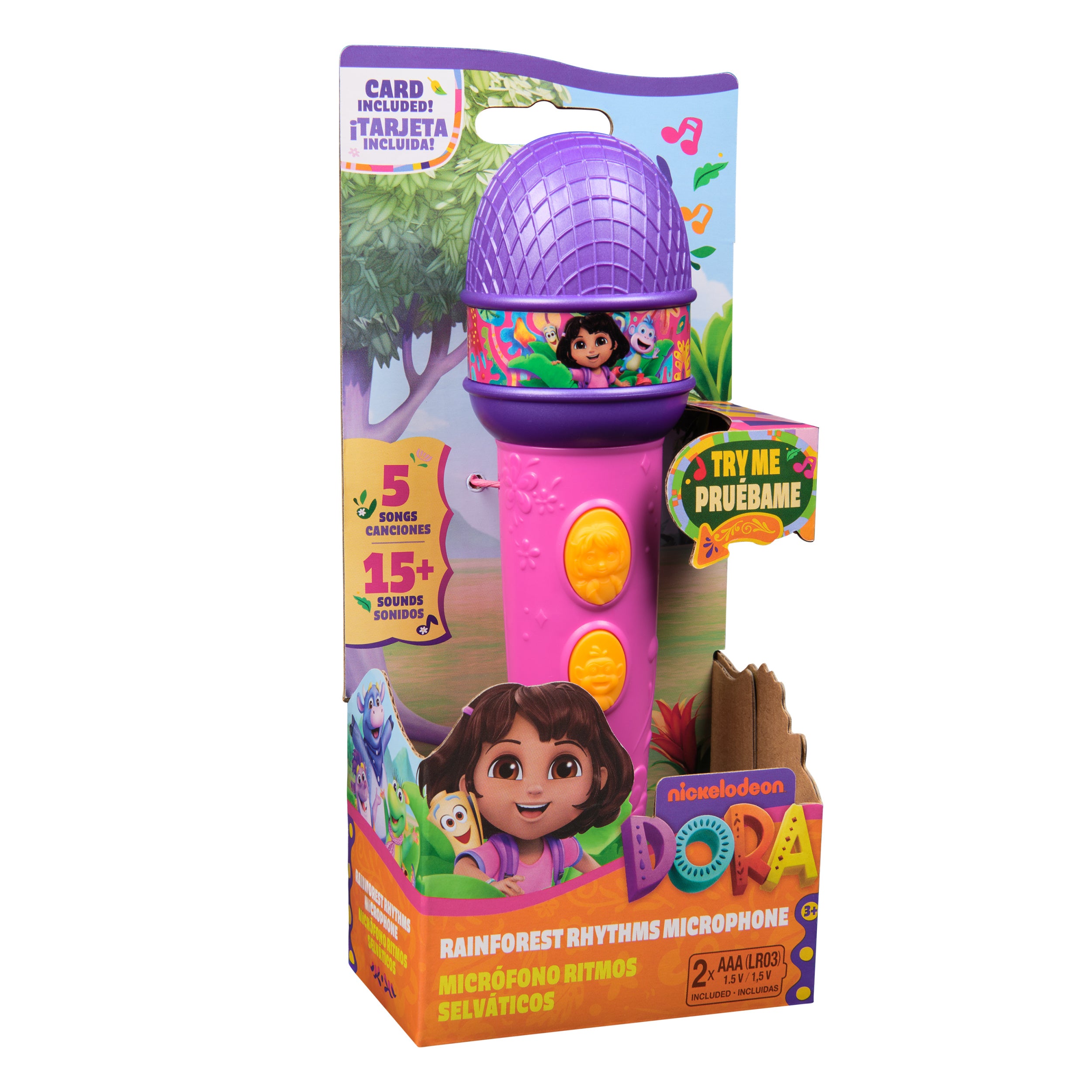 Dora, Rainforest Rhythms Microphone with Music, Sound Fx & Bilingual Phrases, Kids Toys for Girls & Boys Ages 3 and Up