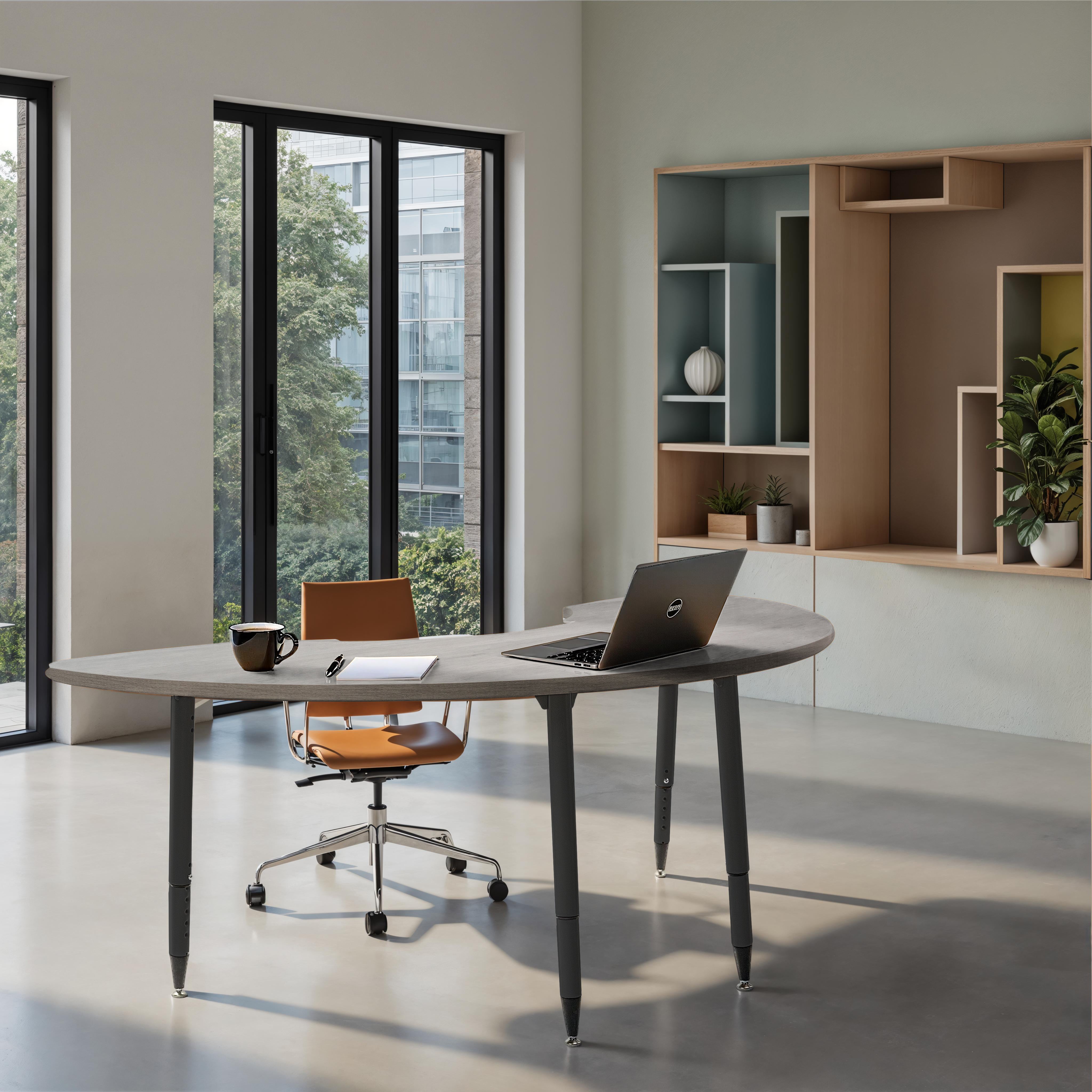 Adapte 36" x 72" Half Moon Woodgrain Activity Table with Adjustable Tapered Legs - Light Gray Wood/Black