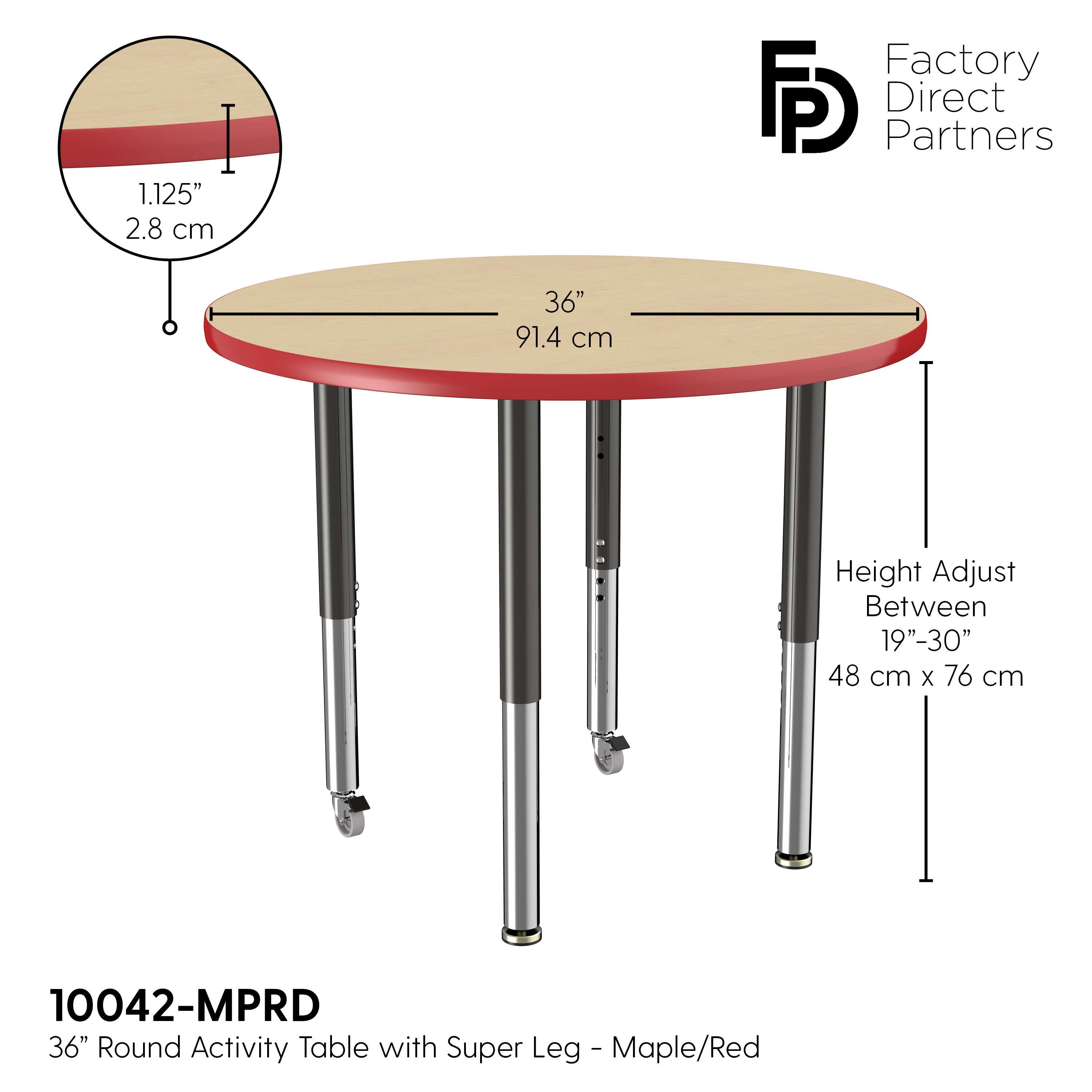 36" Round T-Molding Activity Table with Adjustable Super Legs - Maple/Red/Black