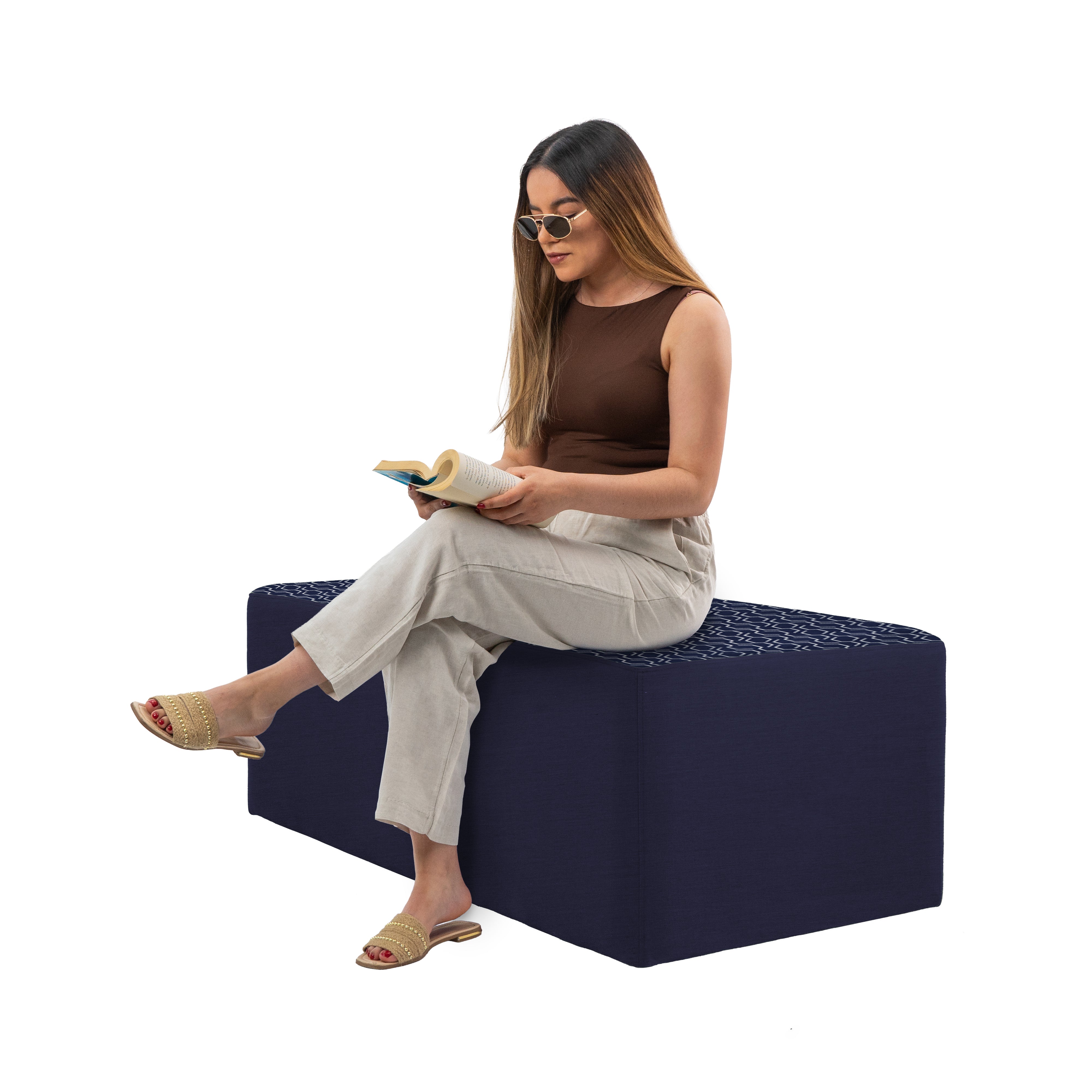 Outdoor 24" x 48" Rectangle Ottoman with Sunbrella, 18" H - Adaptation Indigo/Canvas Navy