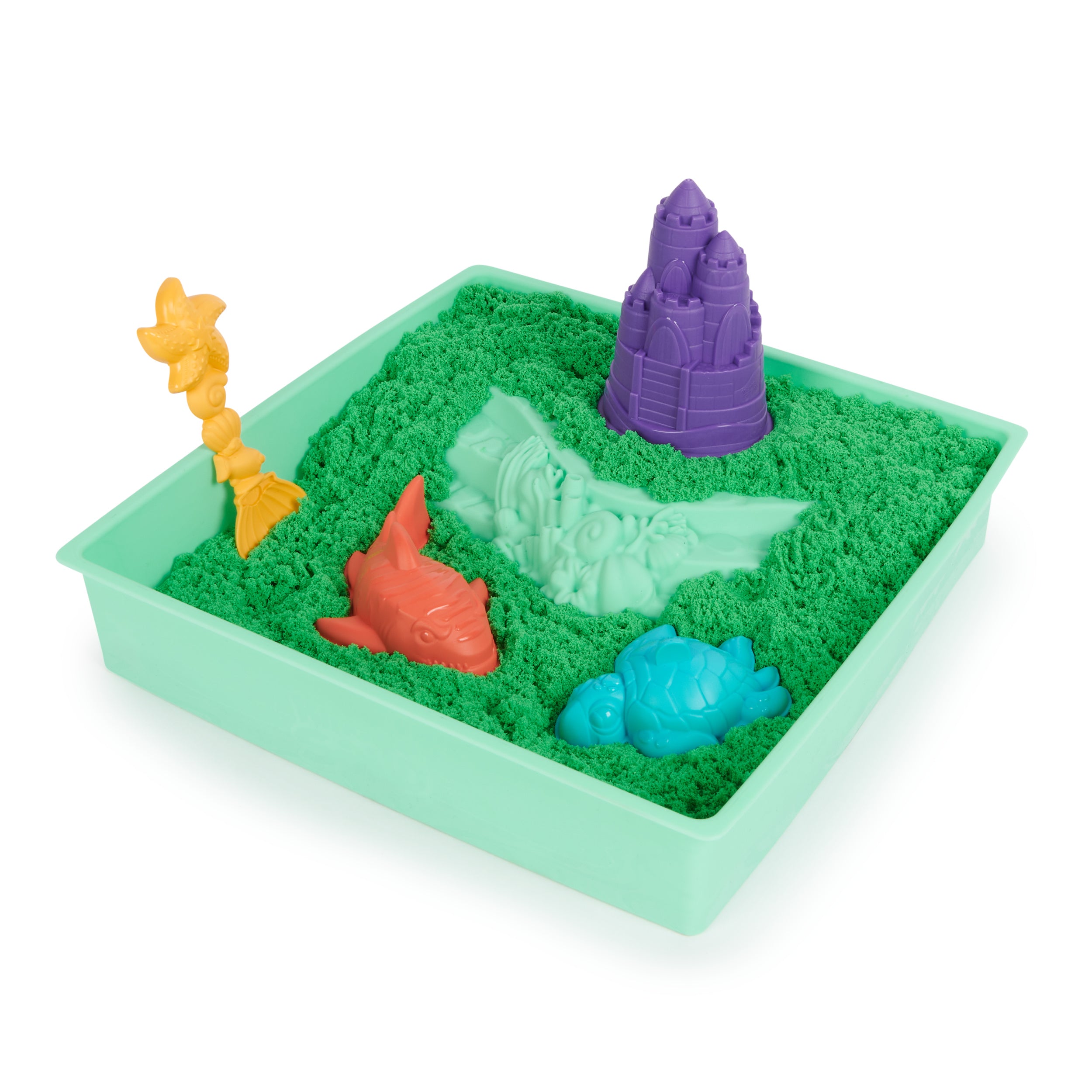 Kinetic Sand Sandbox Set, 1lb Play Sand, Sandbox Storage, 4 Molds and Tools, Sensory Toys for Kids Ages 3+ Styles May Vary