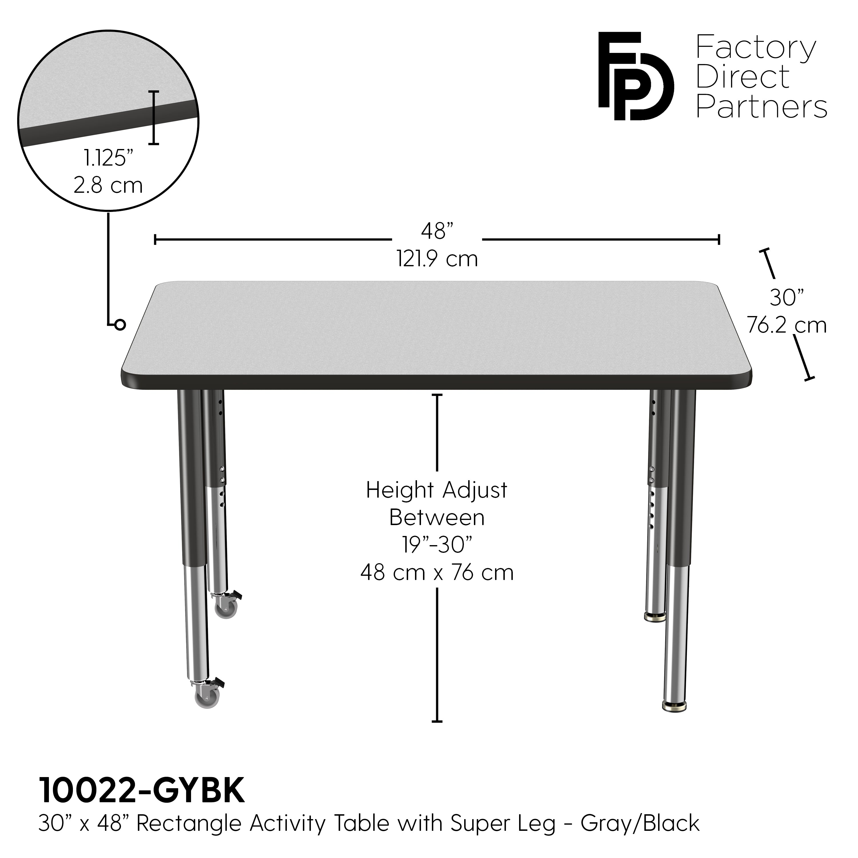 30" x 48" Rectangle T-Molding Activity Table with Adjustable Super Legs - Gray/Black