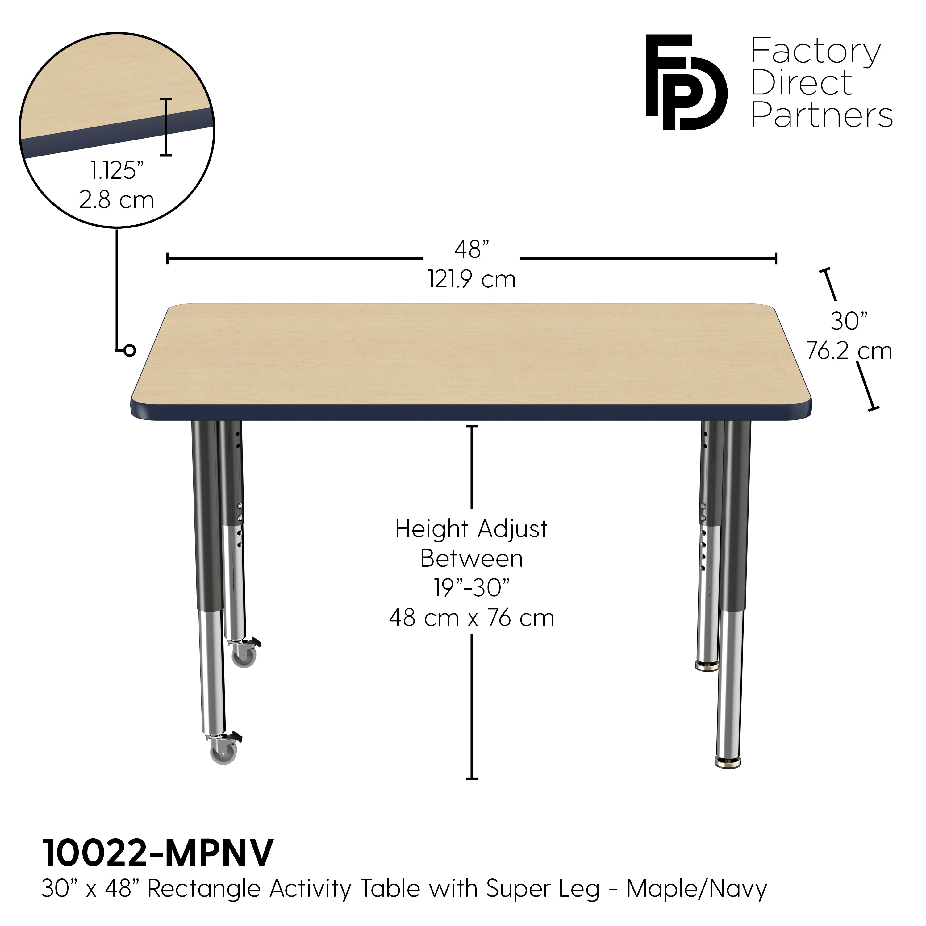 30" x 48" Rectangle T-Molding Activity Table with Adjustable Super Legs - Maple/Navy/Black