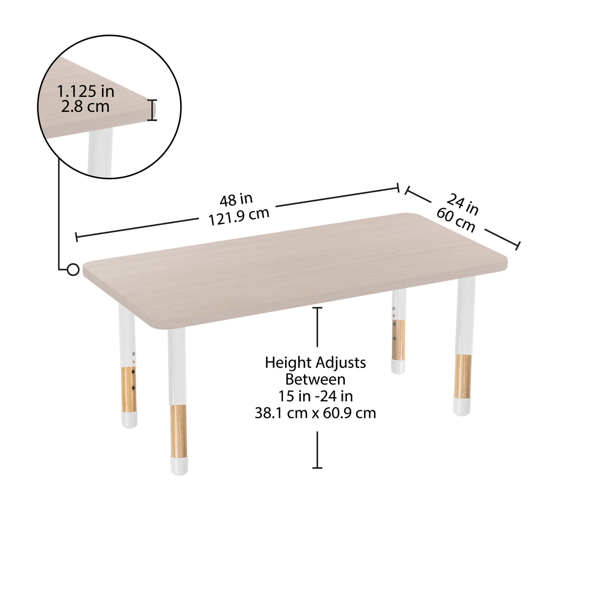 24" x 48" Rectangle Thermofused Activity Table with Adjustable Chunky Wood Legs - Asian Sand/White/Natural