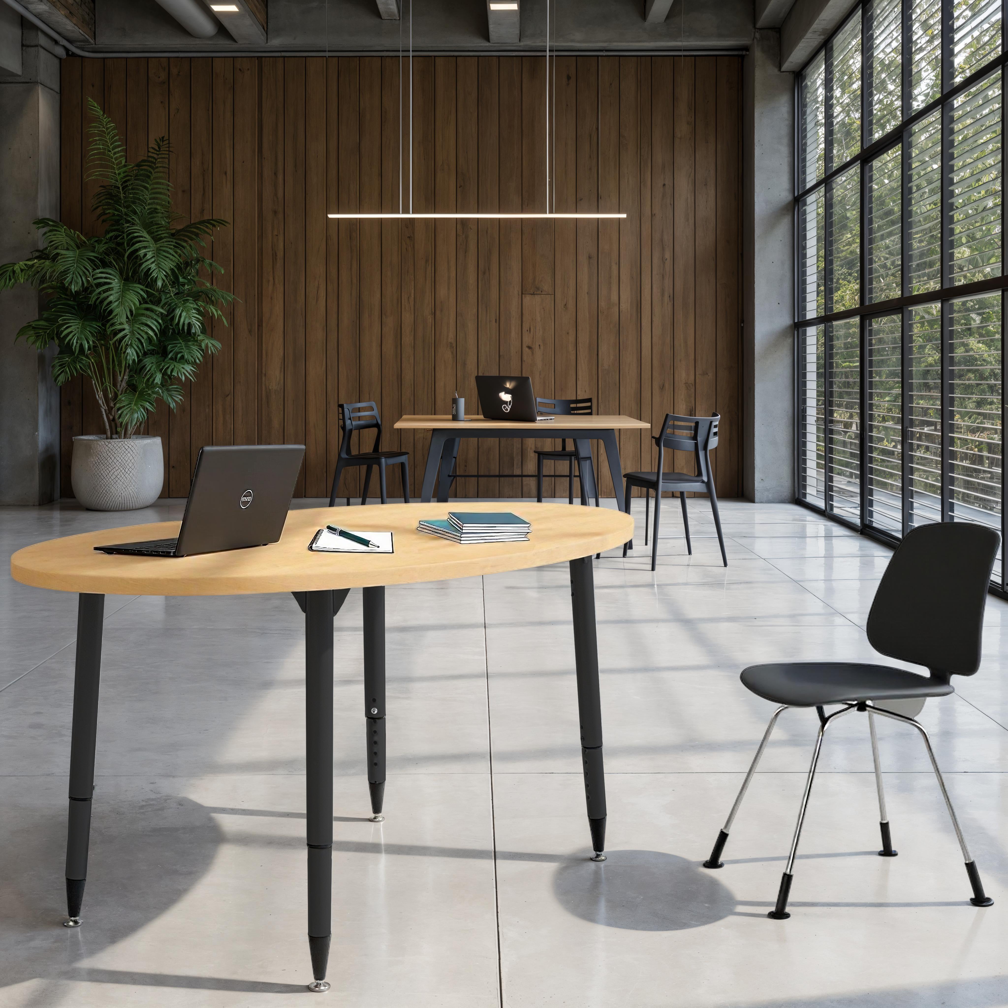 Adapte 30" x 60" Oval Woodgrain Activity Table with Adjustable Tapered Legs - Maple Grain/Black