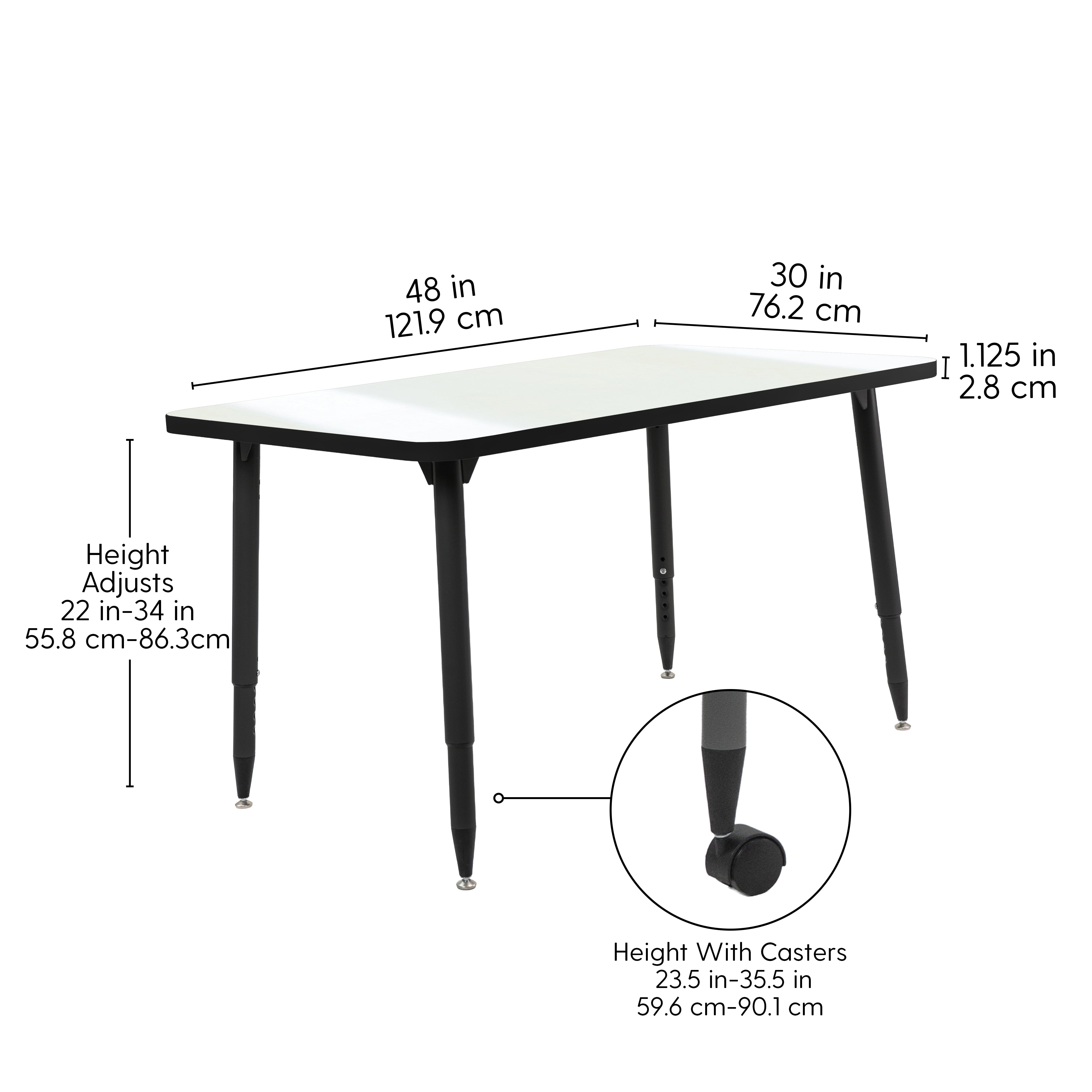 Adapte 30" x 48" Rectangle Dry-Erase Activity Table with Adjustable Tapered Legs - Whiteboard/Black
