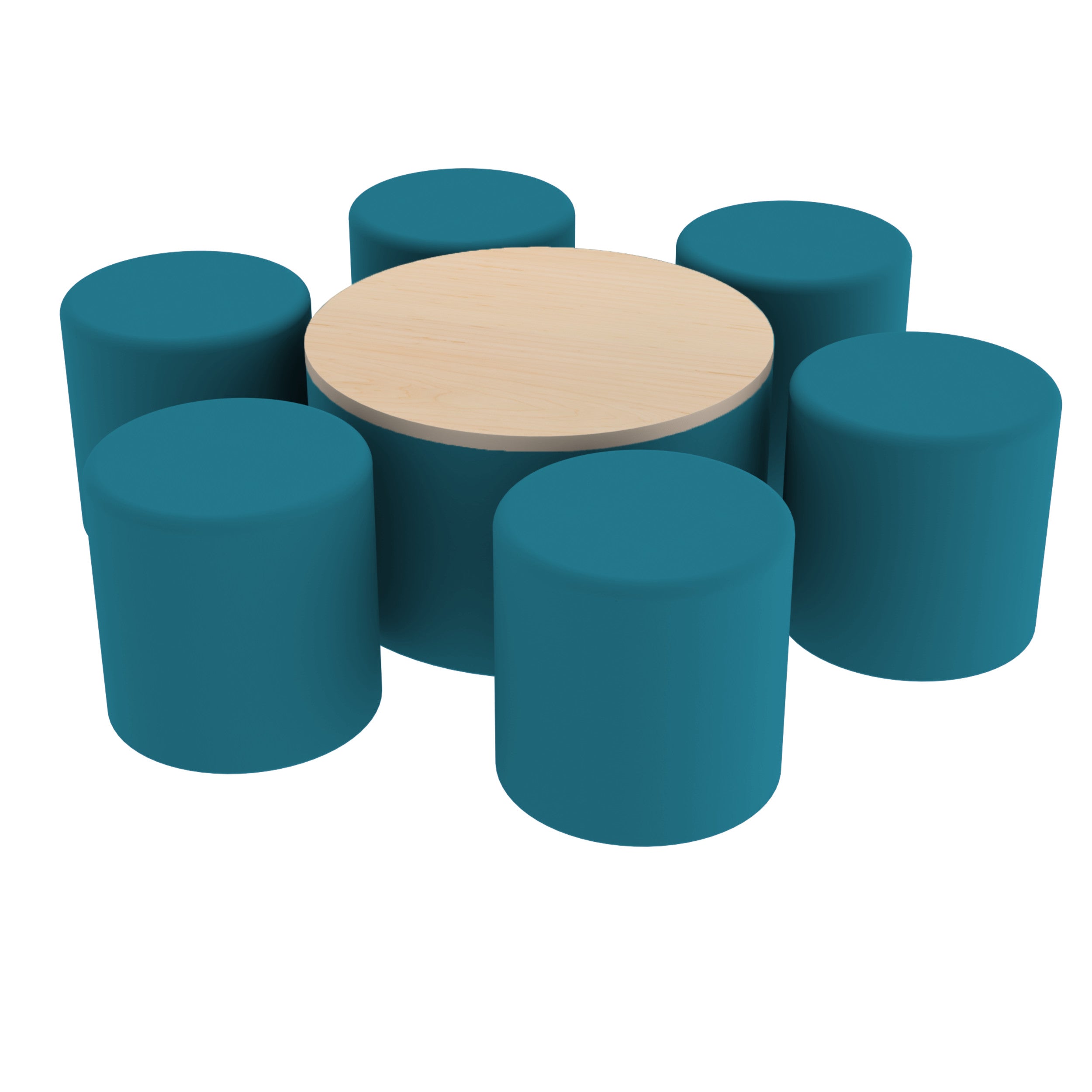 Pro Series 30" Round Ottoman Table with Round 18" H Seating, 7-Piece Set - Teal/Maple