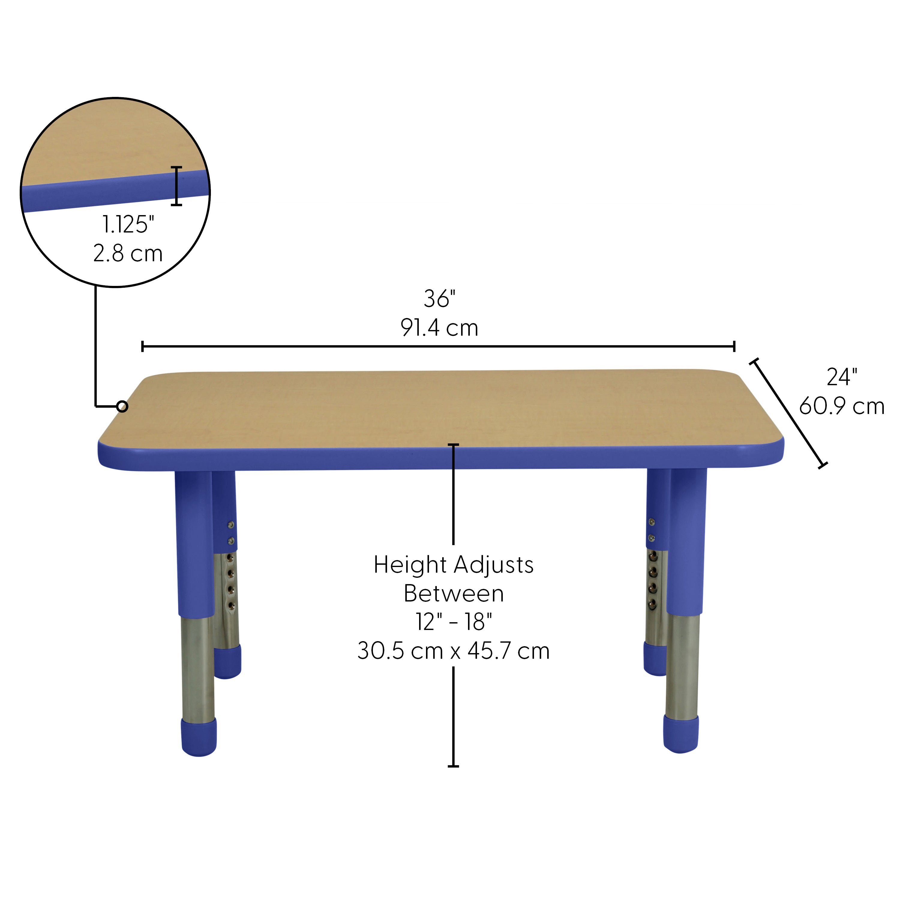 24" x 36" Rectangle T-Molding Activity Table with Adjustable Tiny Tot Legs - Maple/Blue