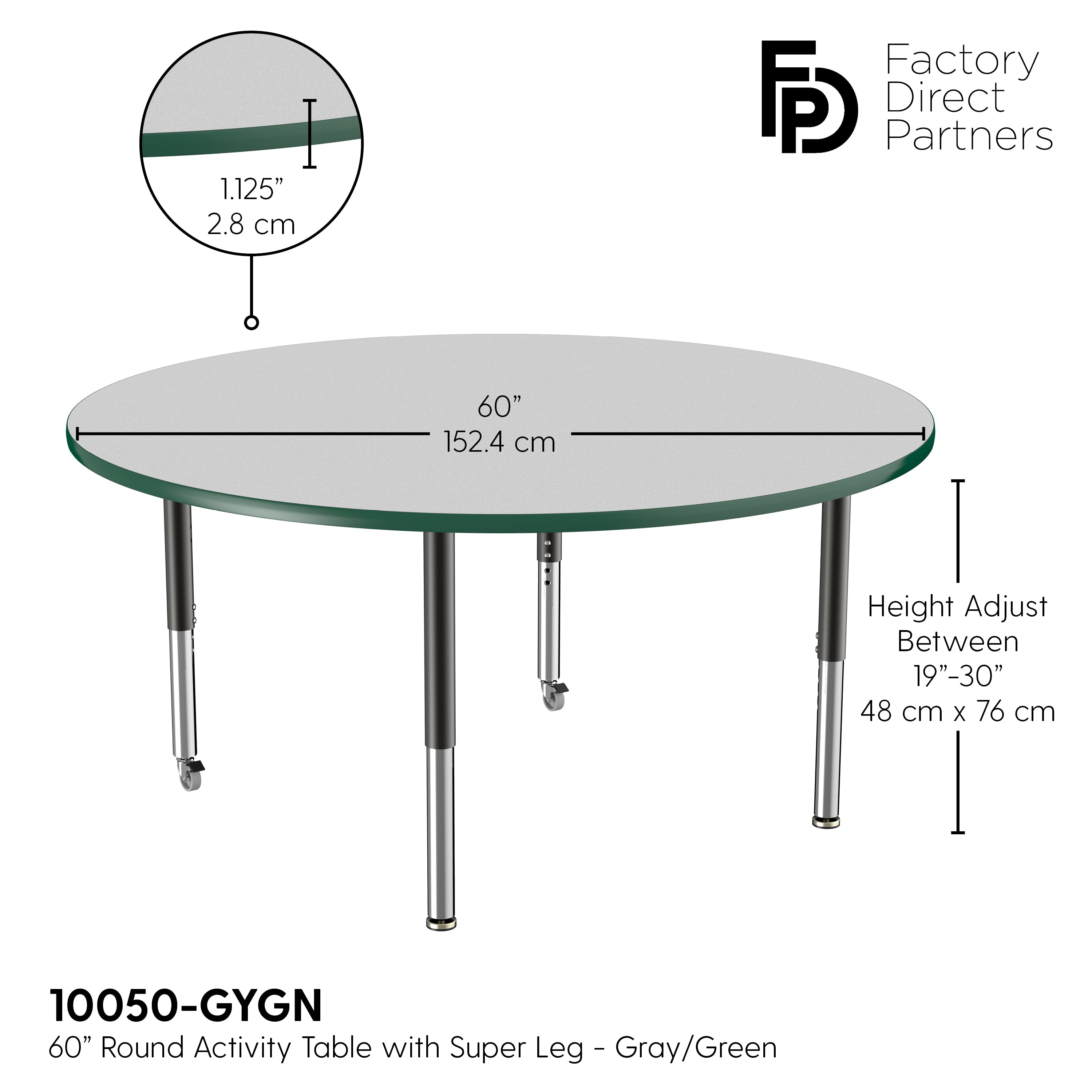 60" Round T-Molding Activity Table with Adjustable Super Legs - Gray/Green/Black