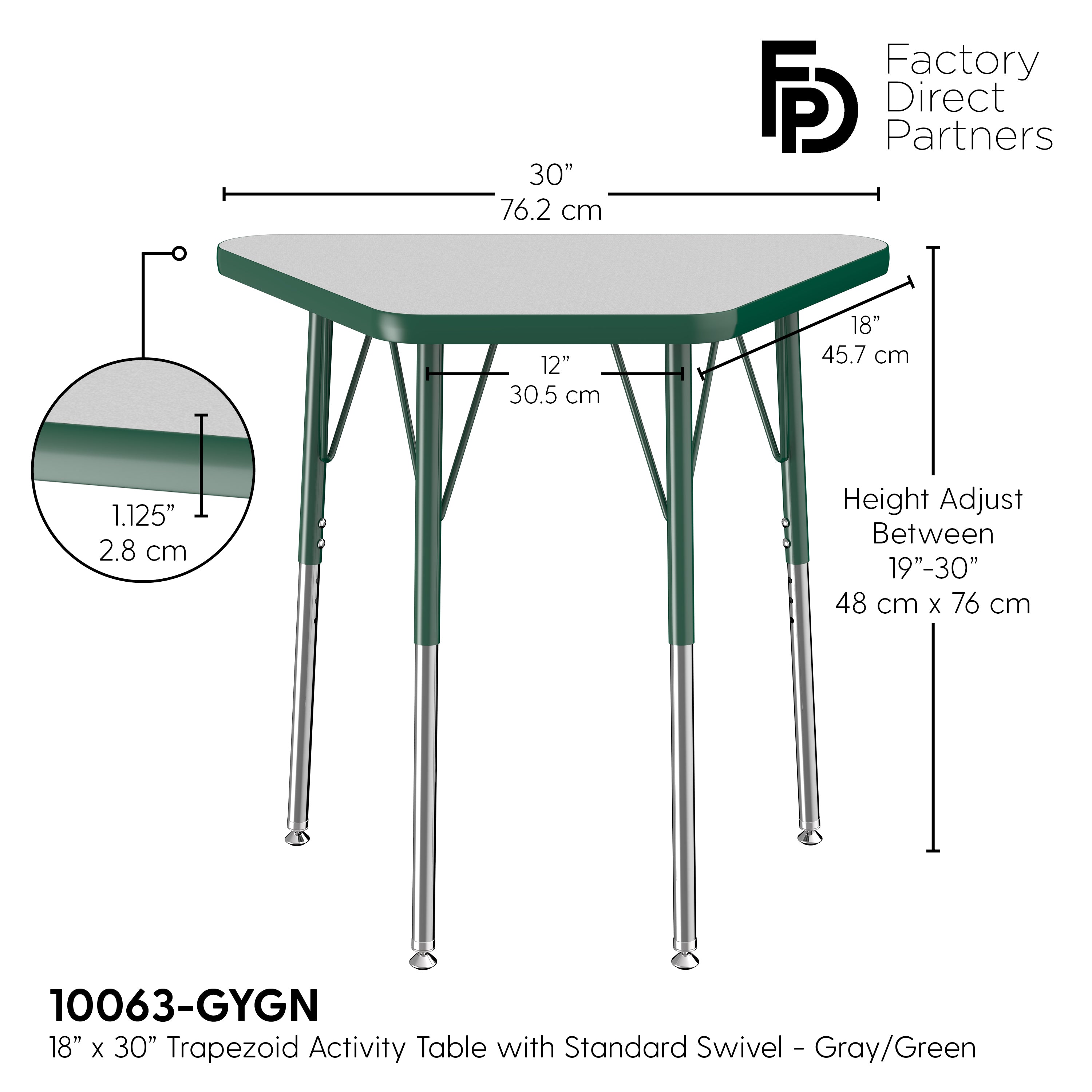 18" x 30" Trapezoid T-Molding Activity Table with Adjustable Standard Swivel Glide Legs - Gray/Green