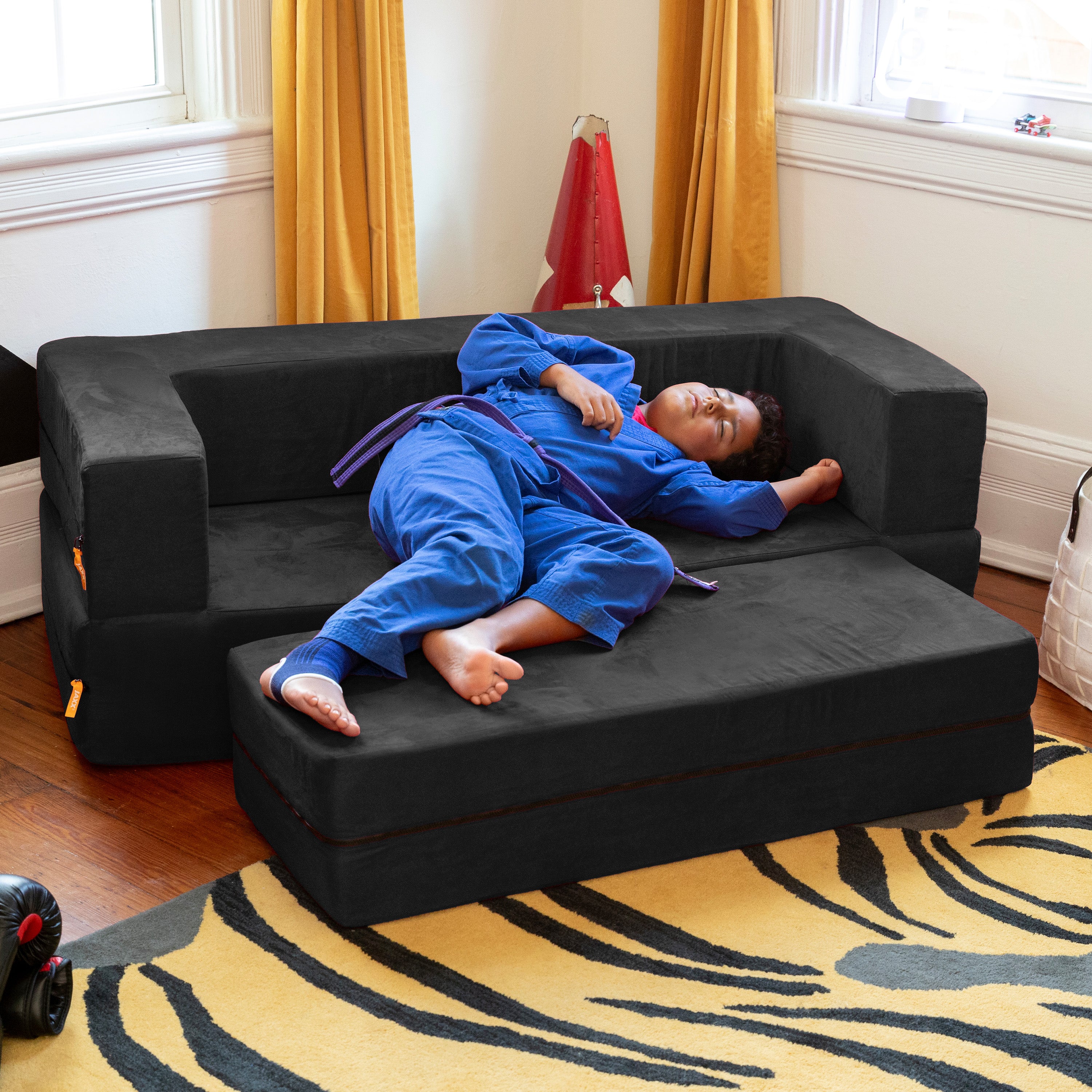 Jaxx Zipline Kids Sofa & Large Ottoman, 3 in 1 Fold Out Sofa, Big Kids Edition, Black