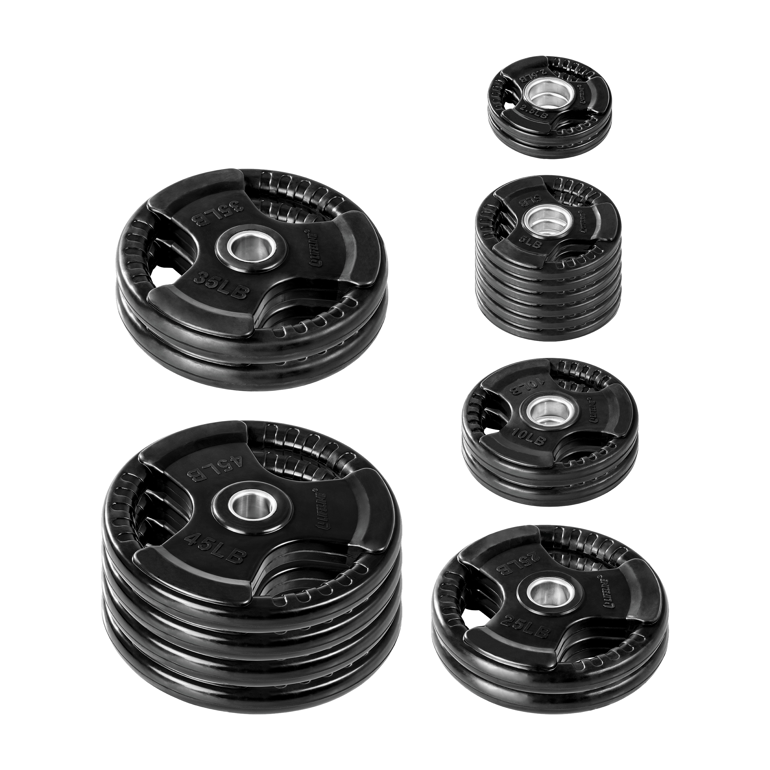Lifeline 355Lb  Pro Olympic Grip Plate (Rubber Coated) Set: (4) 45Lb (2) 35Lb (2) 25Lb (2) 10Lb (6) 5Lb (2) 2.5 Lb Plates
