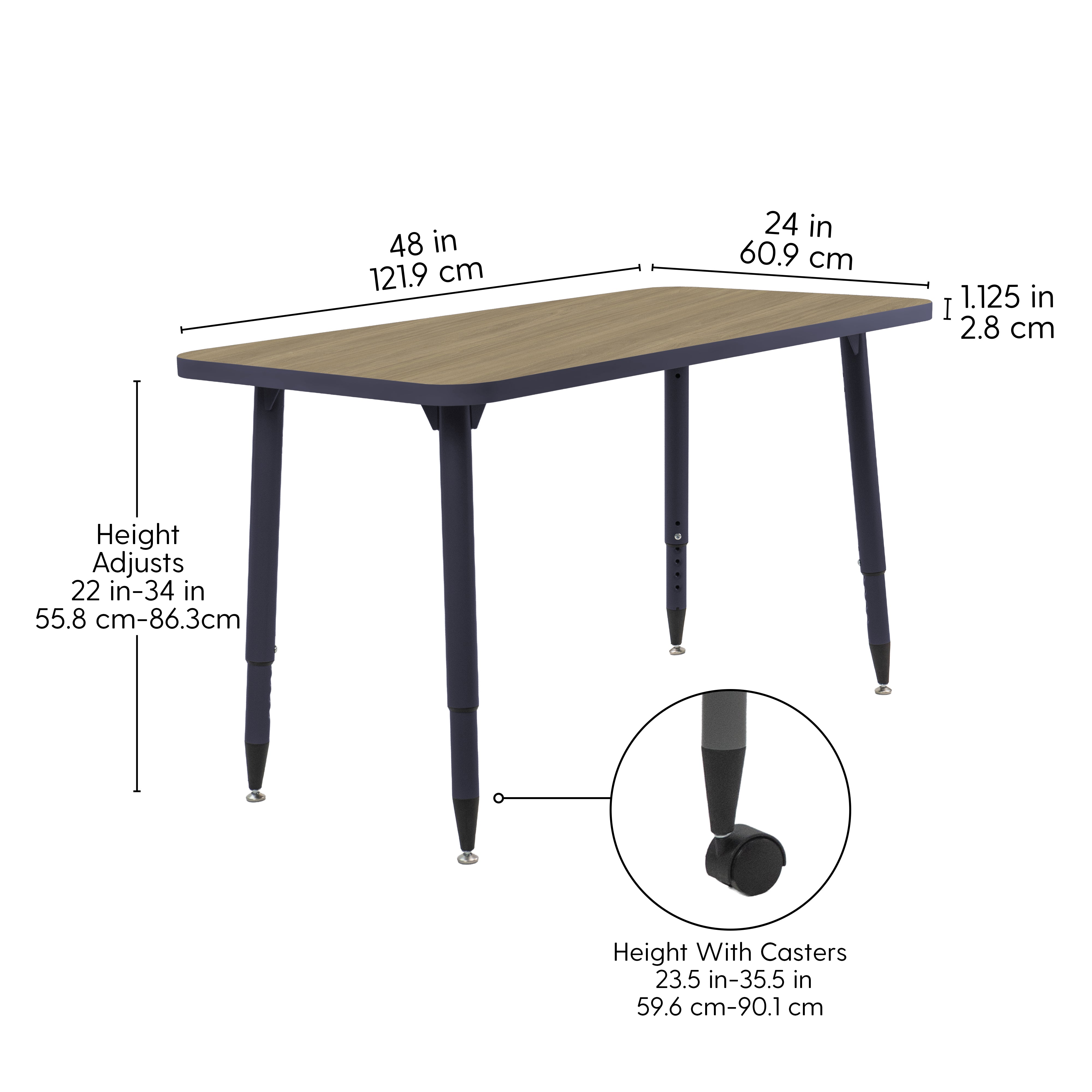 Adapte 24" x 48" Rectangle Thermofused Activity Table with Adjustable Tapered Legs - Pasadena Oak/Navy
