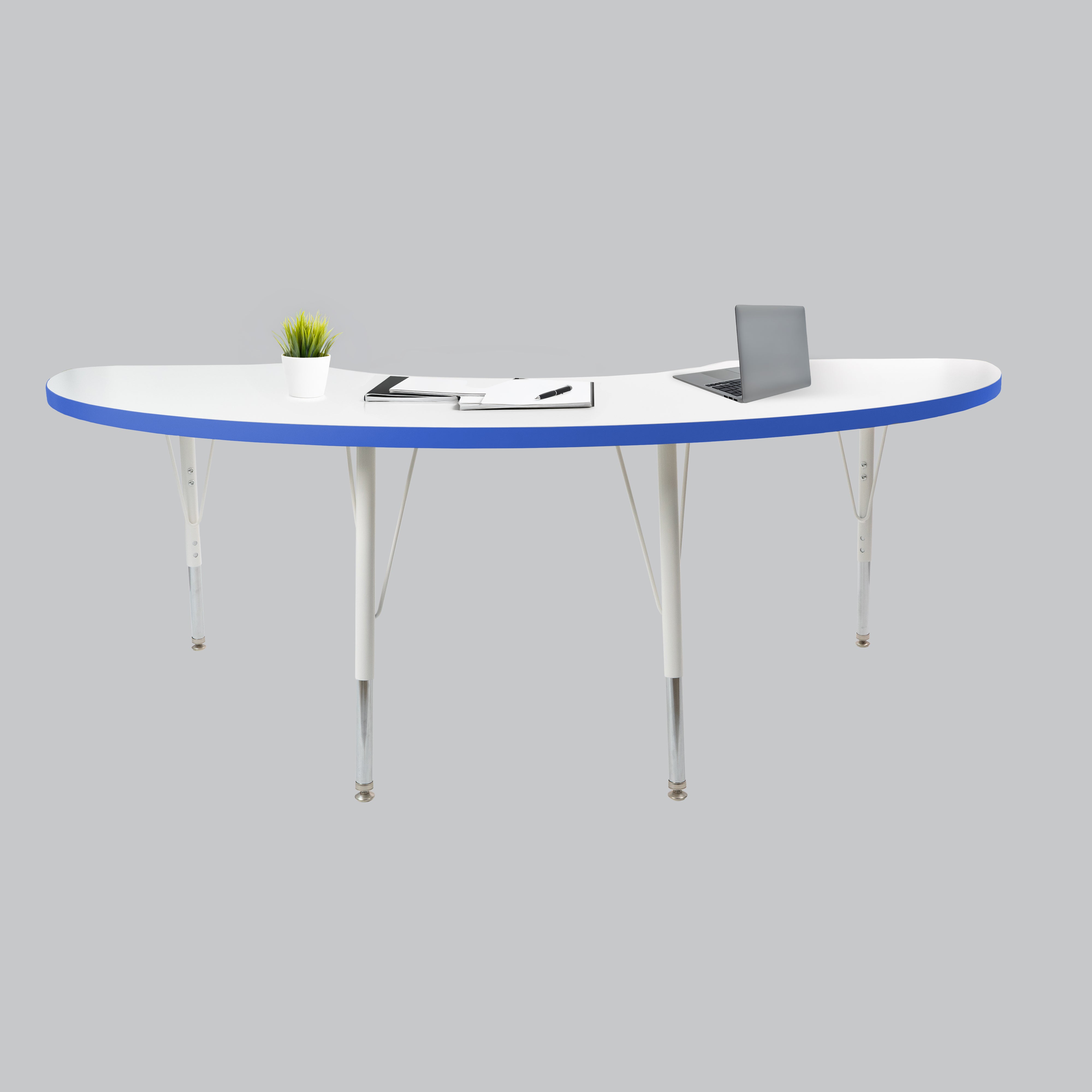 36" x 72" Half Moon Thermofused Activity Table with Adjustable Standard Swivel Glide Legs - White/Blue/White