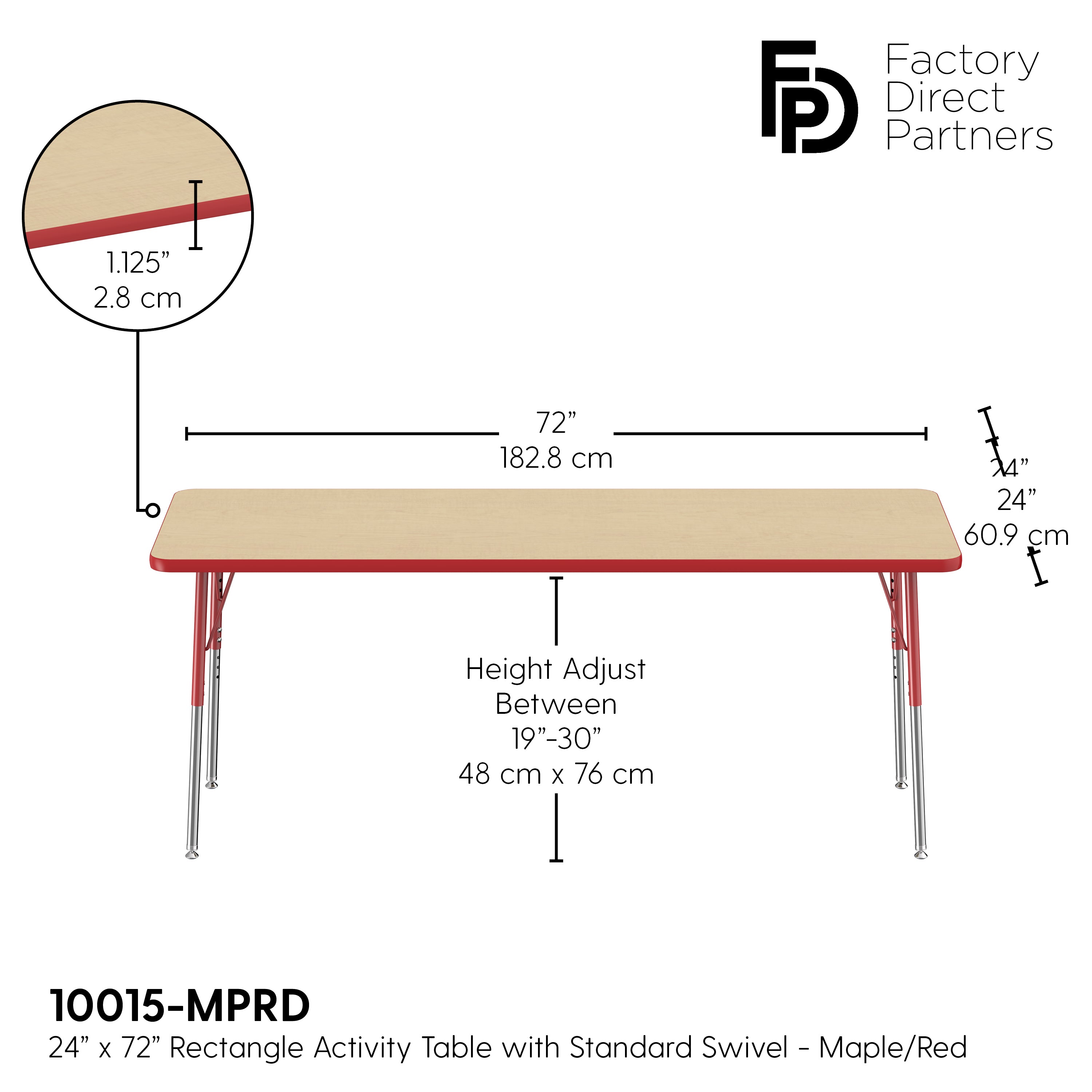 24" x 72" Rectangle T-Molding Activity Table with Adjustable Standard Swivel Glide Legs - Maple/Red